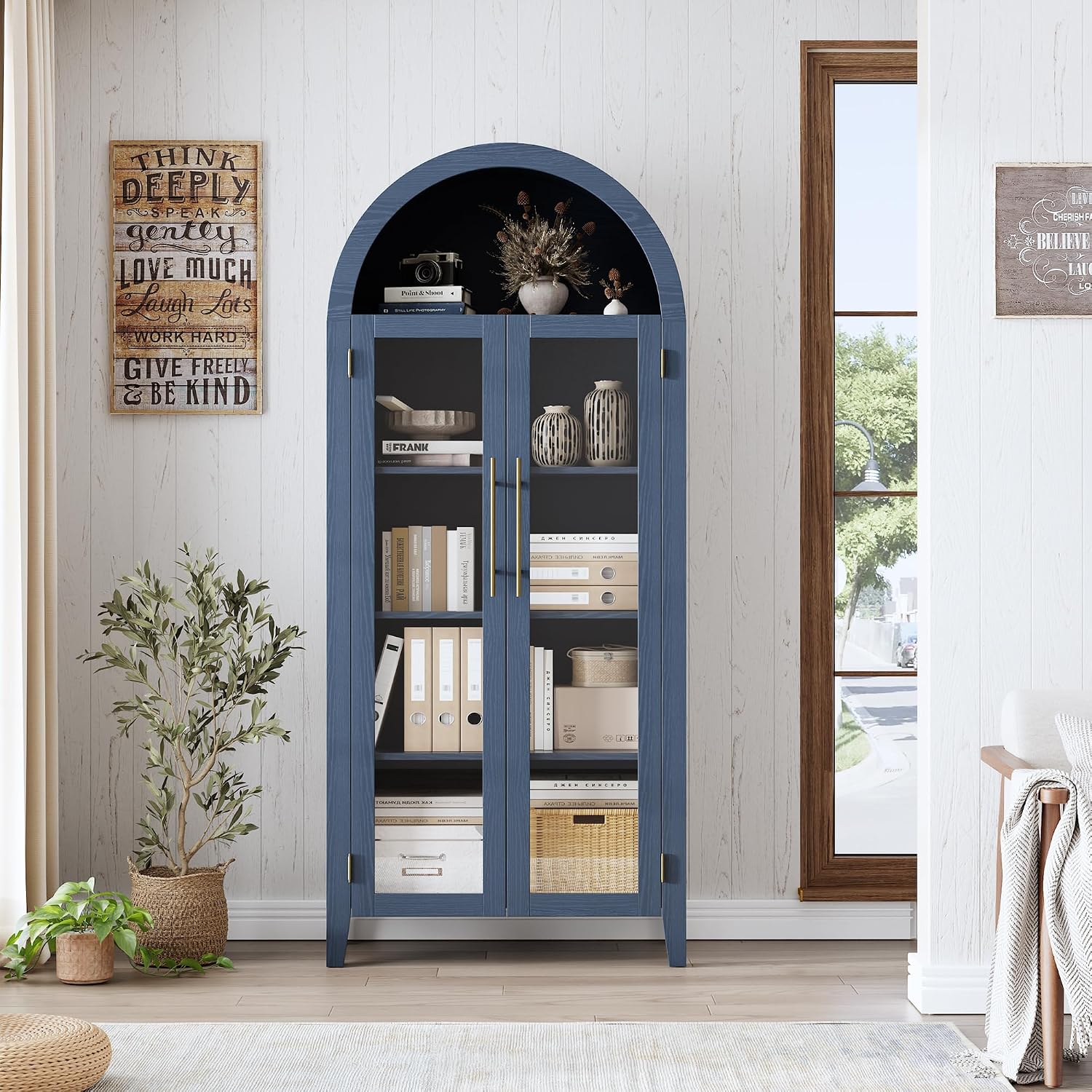 IDEALHOUSE Arched Kitchen Pantry Storage Cabinet - Farmhouse 5-Tier Display Shelf with 2 Large Glass Doors and Adjustable Shelf, Versatile Cupboard for Kitchen, Dining Room, Living Room, Night Blue