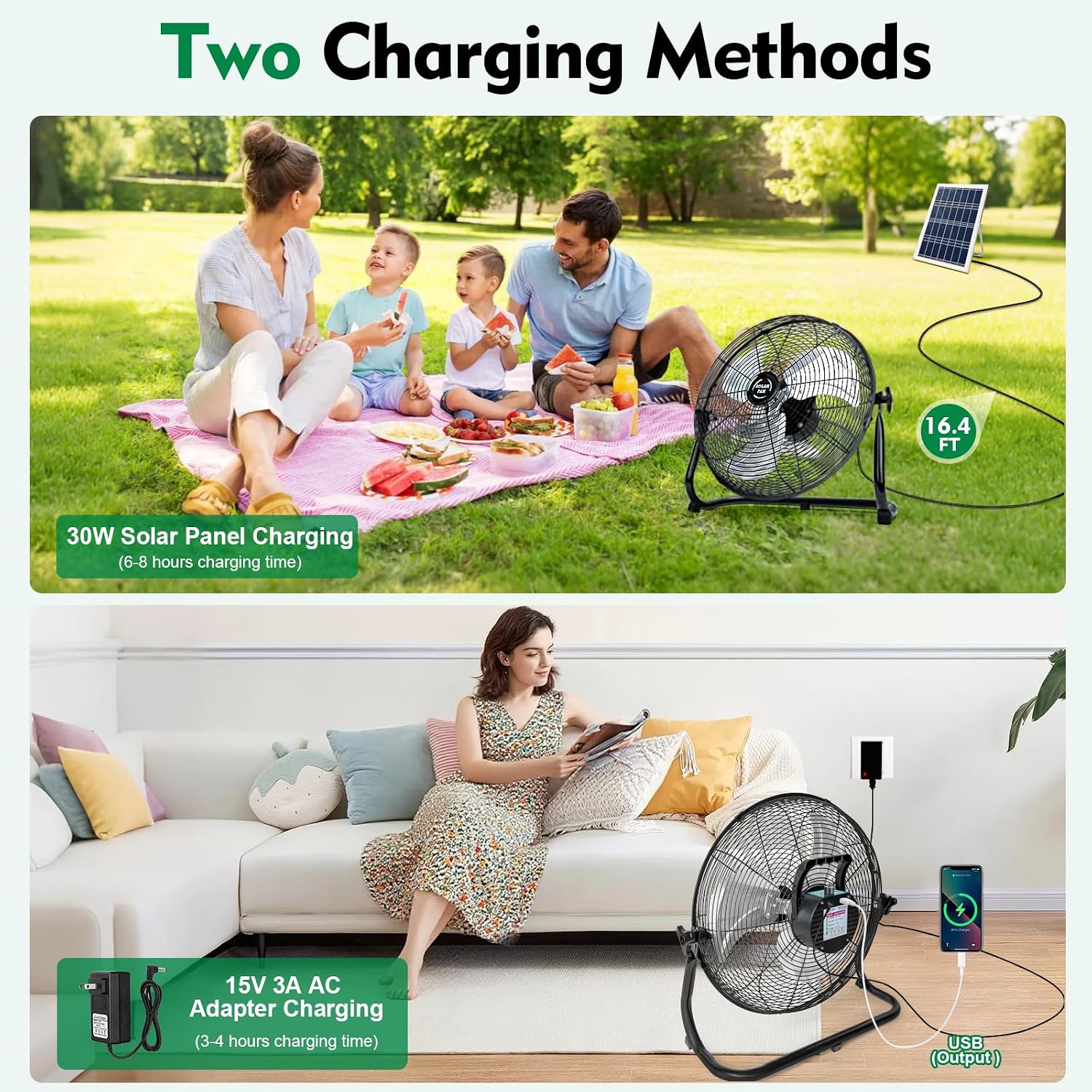 DBF 16' Solar Powered Fan Outdoor - Rechargeable 20000mAh Battery Cordless Floor Fan with 30W Solar Panel & AC Charging, High Velocity Metal Industrial Fans Portable for Outside Home Camping Patio