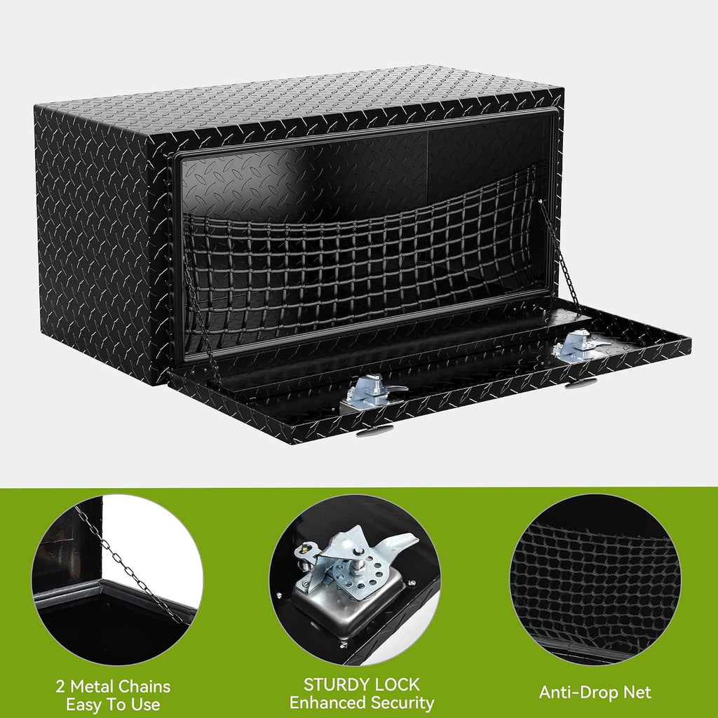 AUTOSAVER88 36 Inch Underbody Tool Box, Heavy Duty Aluminum Diamond Plate Toolbox Chest Storage Organizer, Waterproof Chest Storage Box with Lock for Trucks, Trailers, RVs, Warehouses, Black