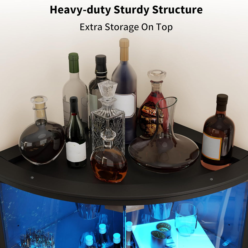 Loomie 70' Corner Bar Cabinet with LED Lights, 6-Tier Modern Wine Cabinet with Glass Door & Glass Holder, Tall Home Bar Liquor Cabinet with Adjustable Shelves for Dining Room, Living Room (Black)