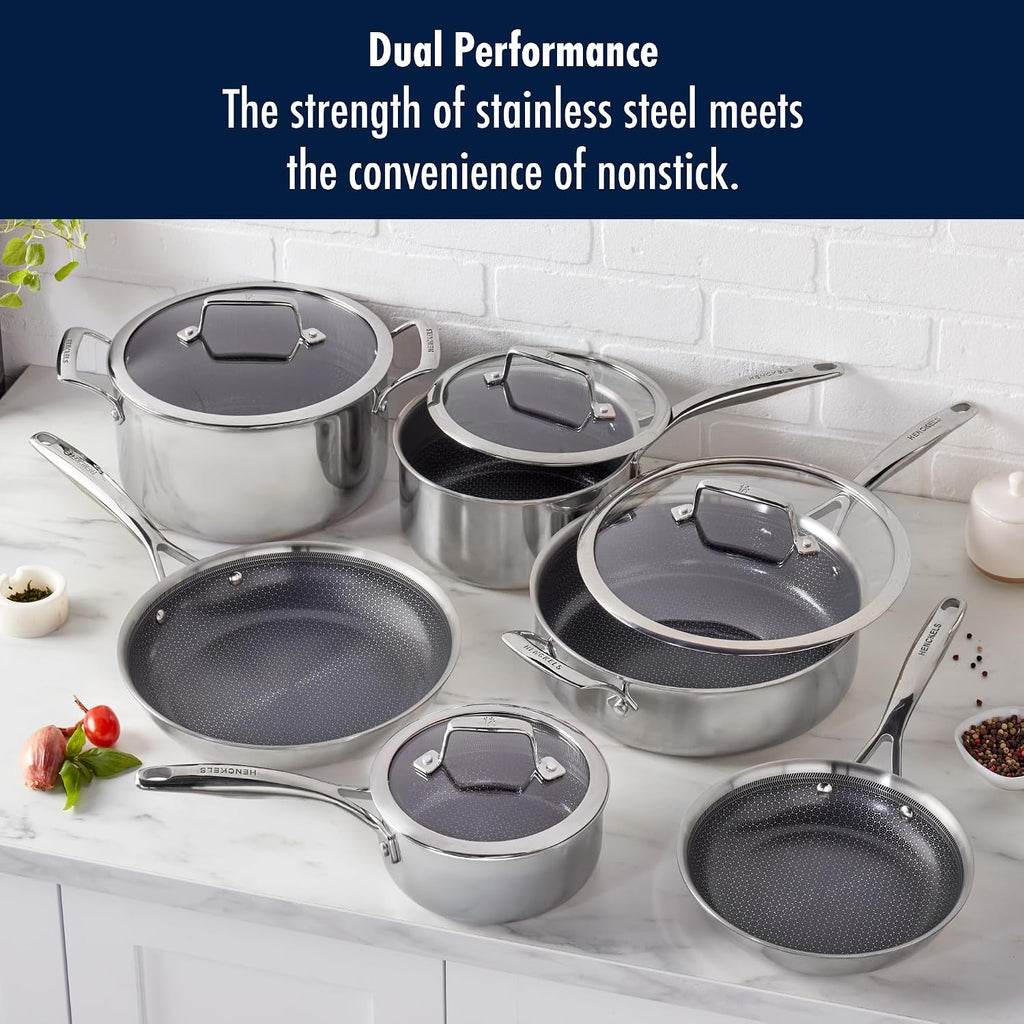 Henckels Paradigm Stainless Steel 10 pc Cookware Set, Tri-Ply Ceramic Nonstick Cookware, Non Toxic Induction Cookware Set, Metal-Utensil & Dishwasher Safe