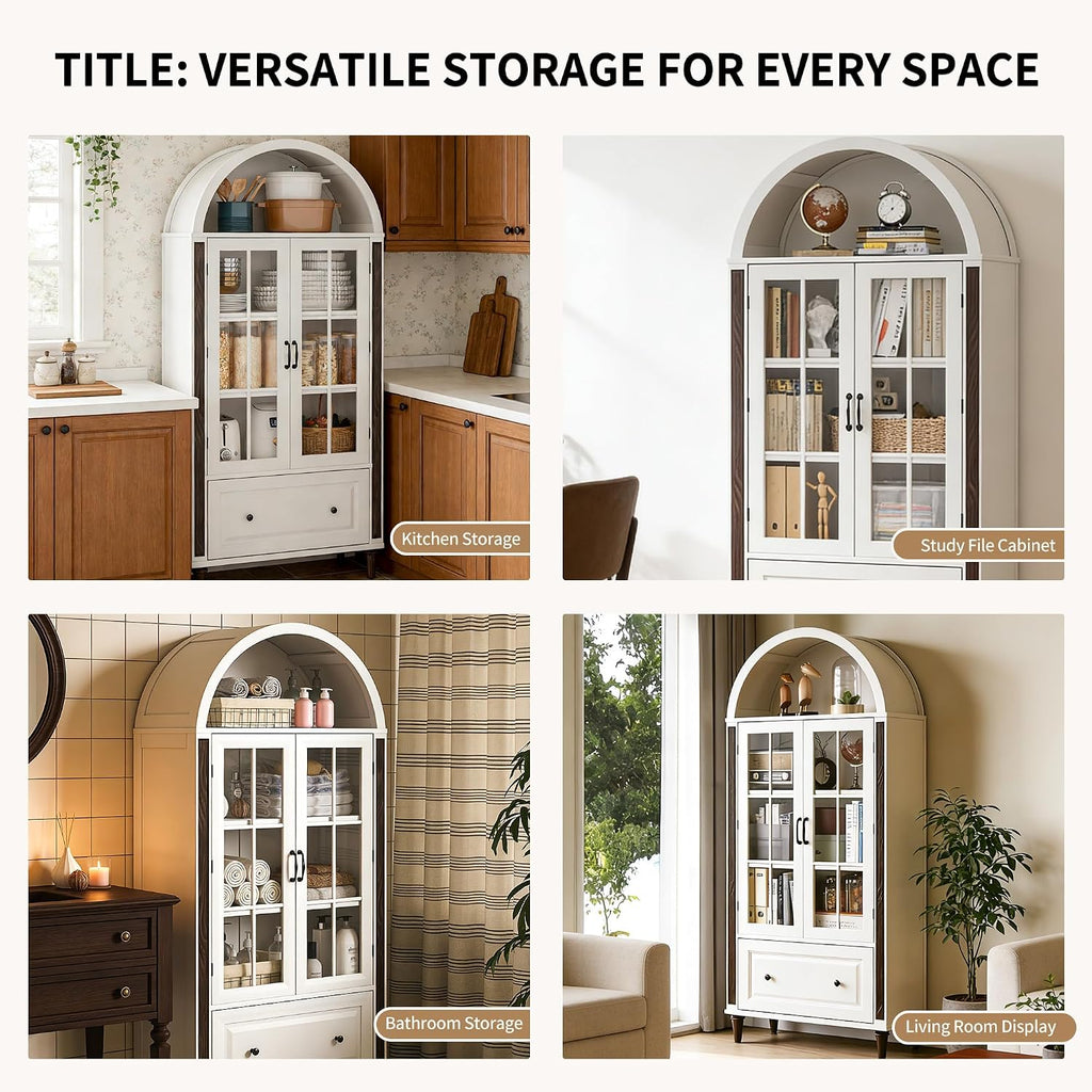 71' Handcrafted Arched Bookcase, Filing Cabinet for Home Office, Wooden Display Cabinet with Glass Doors and Adjustable Shelves for Living Room, Dining Area, and Office, White