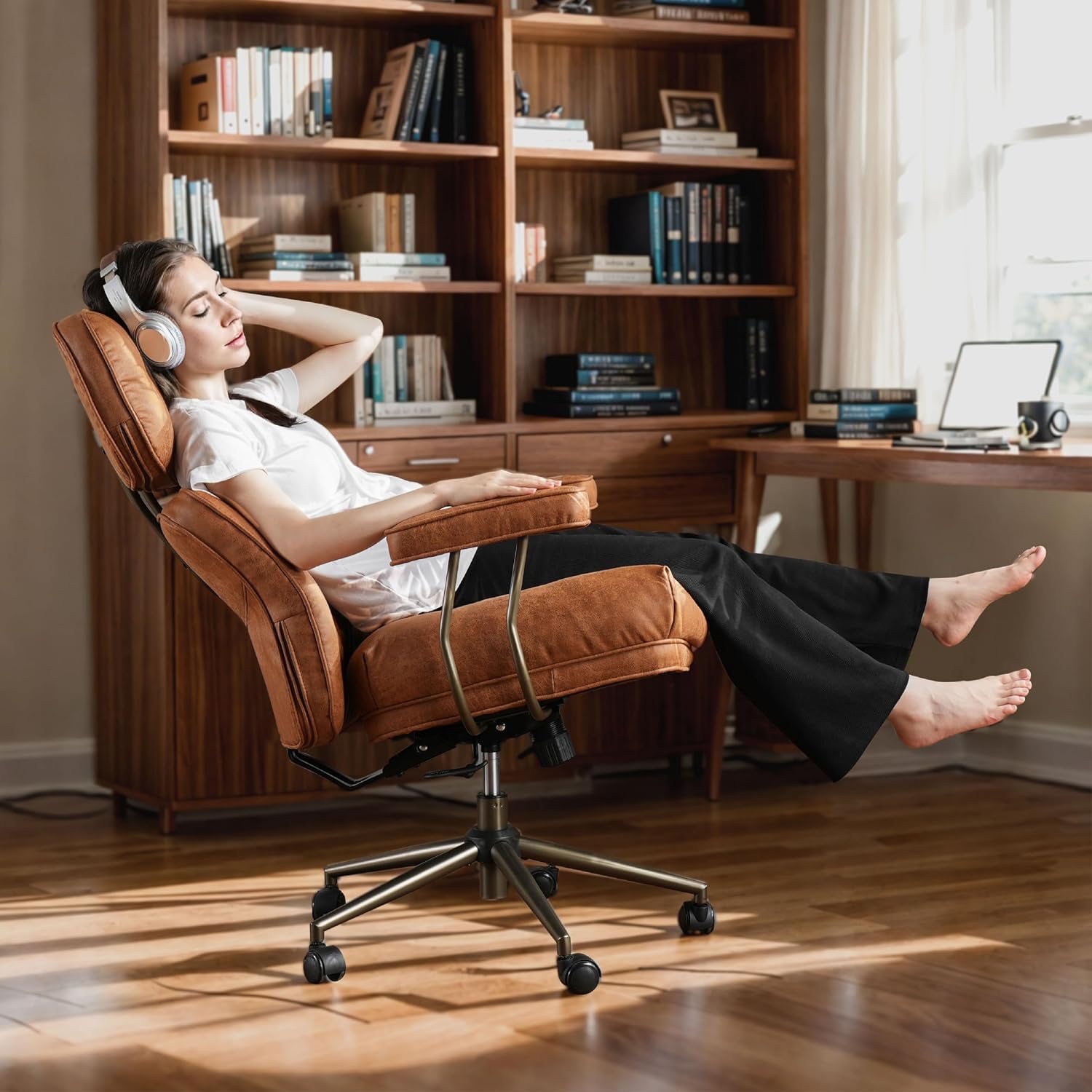 CAODOC Big and Tall Office Chair, 300LBS Suede Fabric Executive Office Chair Whit Lumbar Support, Managerial Home Desk Chair, Heavy Duty High Back Computer Chair(Suede Brown)