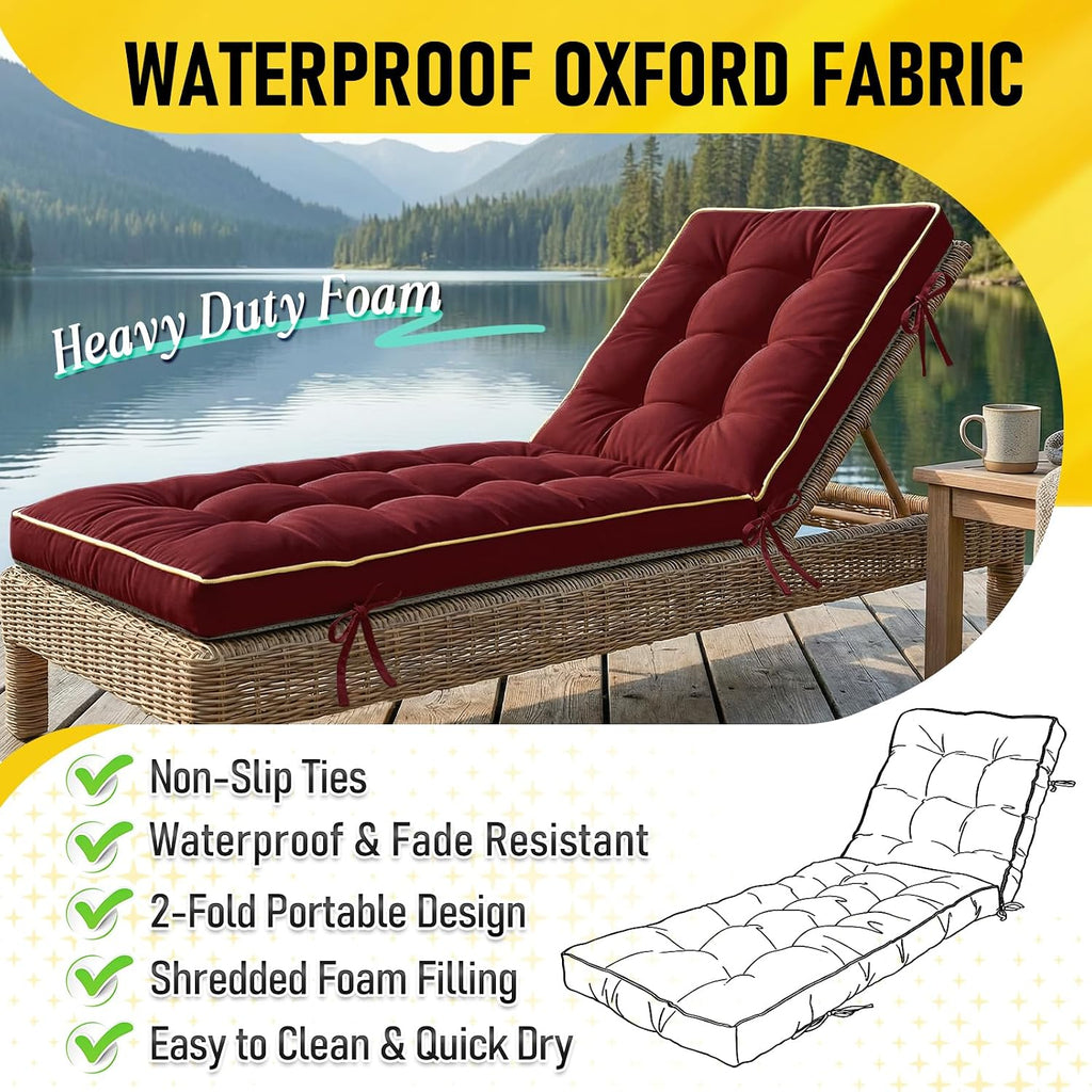 2 Pack 72x21 Inch Folding Chaise Lounge Cushion Quick Dry - Outdoor Sun Lounger Seat Pad with Shredded Foam for Patio Furniture, Deck Chairs, Poolside (RED, 72 INCH × 21 INCH-2 Pack)