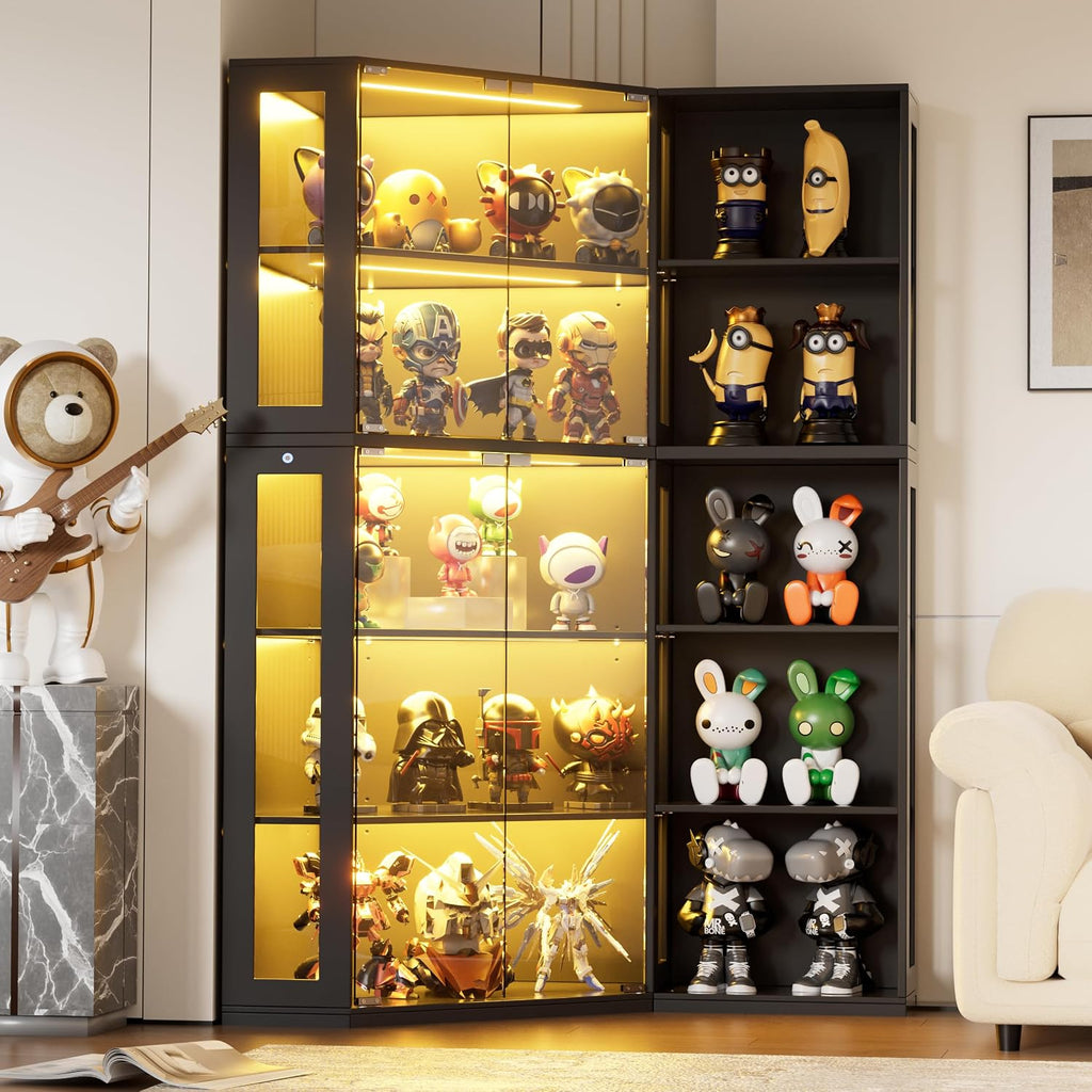 Corner Display Cabinet with Glass Doors,5-Tier Curio Cabinet with 3 Color Lights for Collectibles,71' Glass Display Case for Toys, Books, Extra Bookcase with 10 Dust-Proof Rack for Living Room, Black