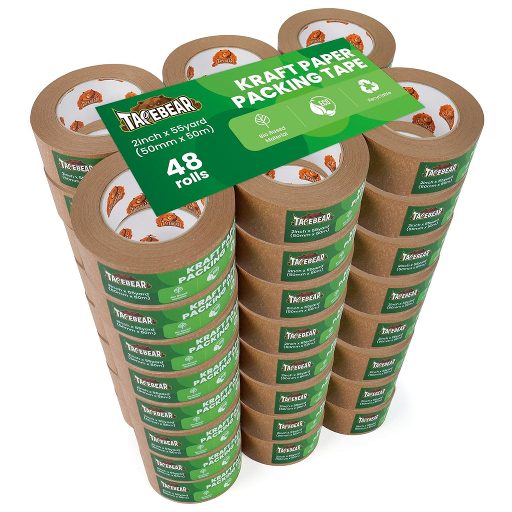 TAPEBEAR Eco-Friendly Kraft Paper Tape, Biodegradable Heavy Duty Packing Tape 2Inch x 55Yard, Recyclable Packaging Tape Self Adhesive Box Tape for Shipping, Sealing, Moving & Masking, 48Rolls