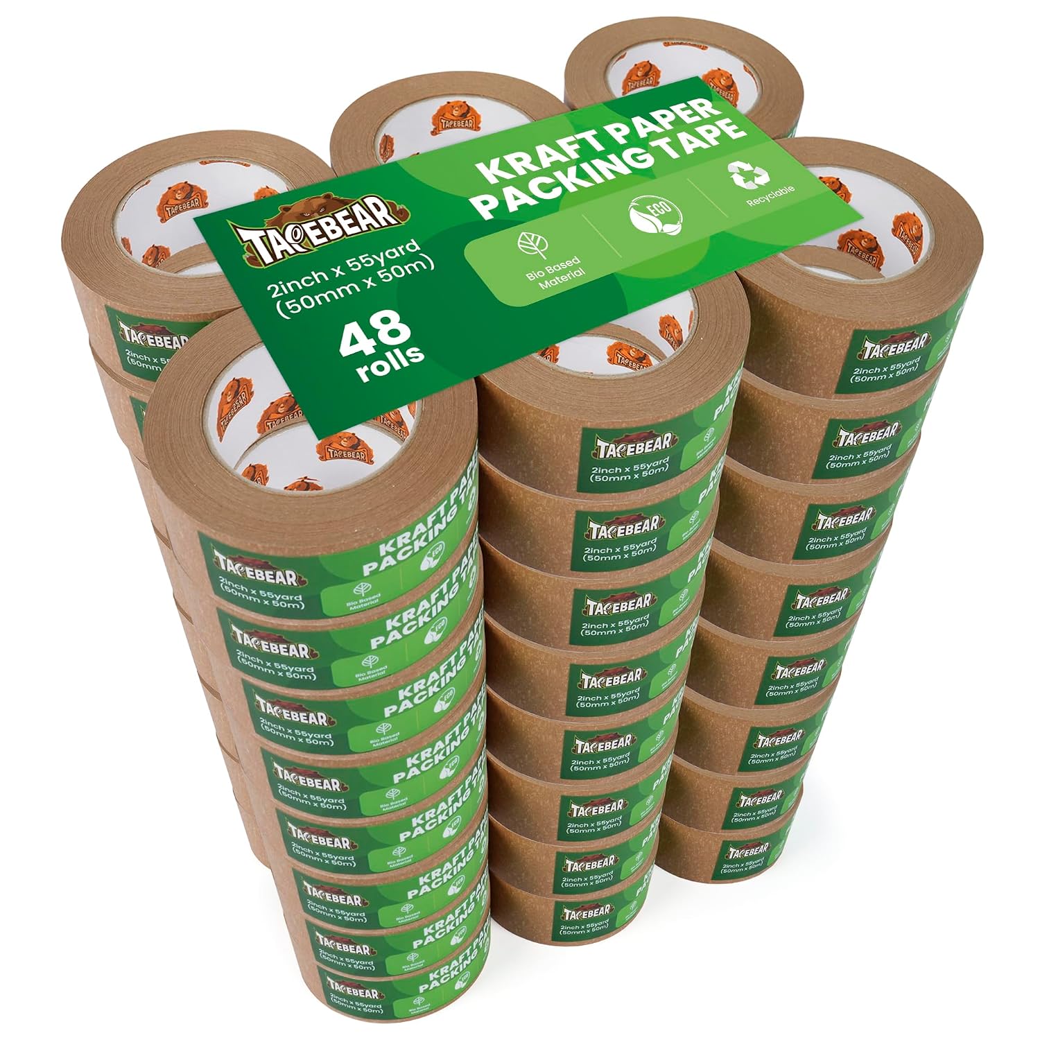 TAPEBEAR Eco-Friendly Kraft Paper Tape, Biodegradable Heavy Duty Packing Tape 2Inch x 55Yard, Recyclable Packaging Tape Self Adhesive Box Tape for Shipping, Sealing, Moving & Masking, 48Rolls