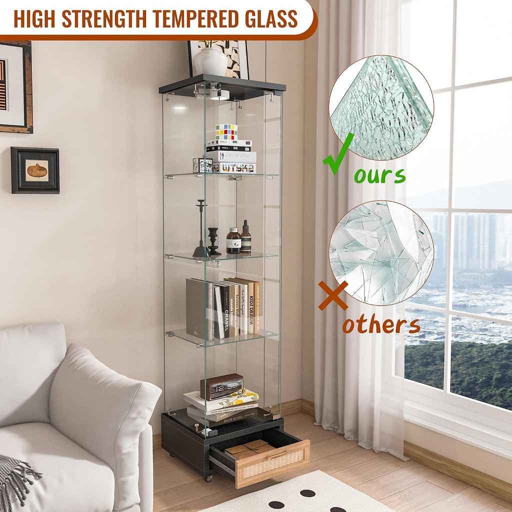 Modern Glass Display Cabinet with LED Light 4-Shelf Curio Cabinets with Rattan Drawer and Wheels,Tempered Glass Display Shelf Bookcase for Living Room Home Office