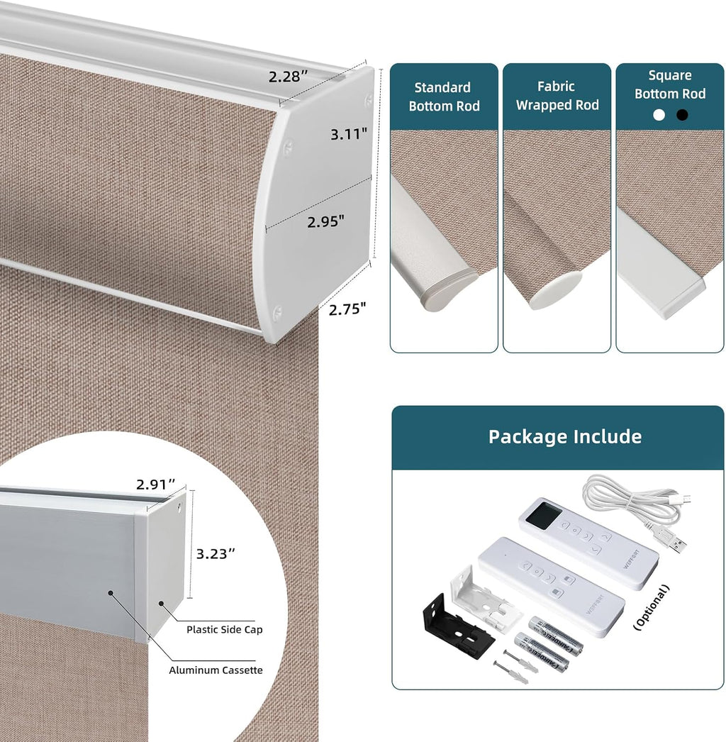 Motorized Roller Shade, 100% Blackout Smart Window Blinds Work with Homekit, Alexa, Google Home, Remote Control, Electric Blinds with USB/Solar Pannel Charging,Bouvardia Light Brown