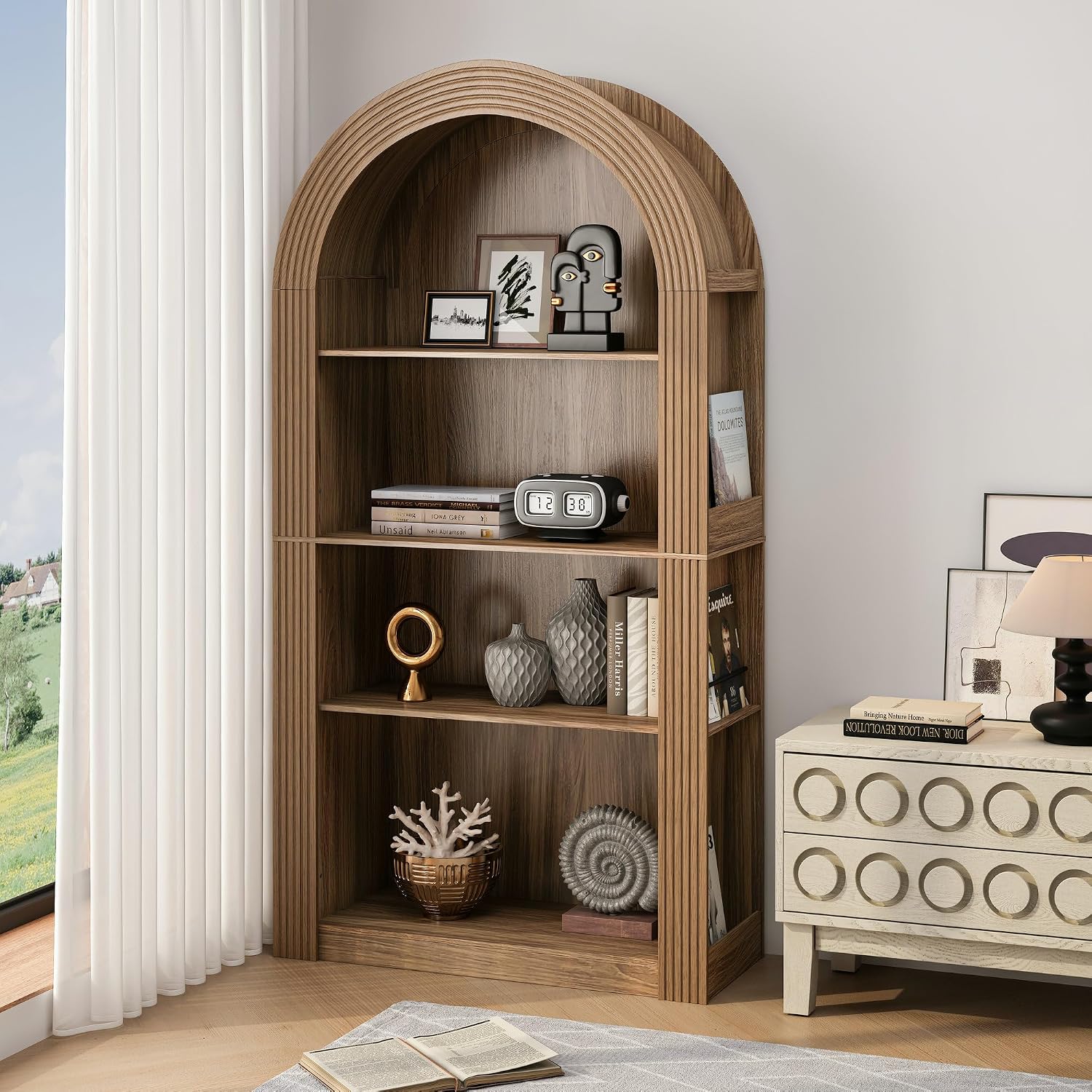 LUMISOL Tall Arched Kitchen Pantry Cabinet with Open Display Storage Shelf, Modern Arched Bookcase with 4 Tier Shelf, for Dining Room Living Room, Brown