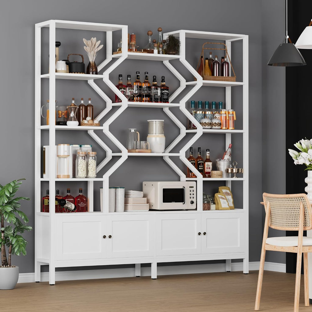 Keyluv Tall 5-Tier Bookshelf with 4 Large Storage Cabinet, 74.2' W x 76.5' H Etagere Bookcase 14 Open Display Standing Shelves with Metal Frame for Living Room, Dining Room, White
