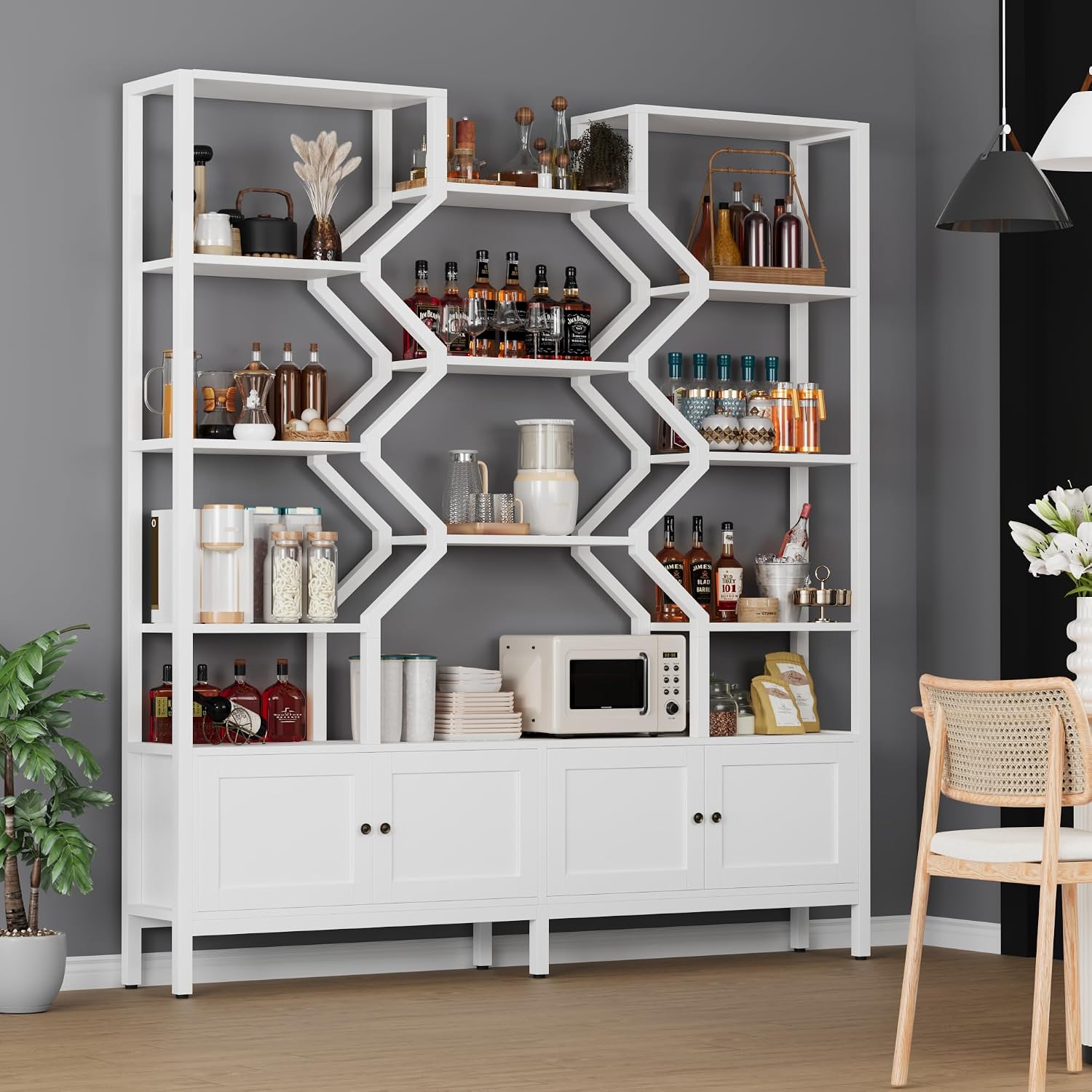 Keyluv Tall 5-Tier Bookshelf with 4 Large Storage Cabinet, 74.2' W x 76.5' H Etagere Bookcase 14 Open Display Standing Shelves with Metal Frame for Living Room, Dining Room, White