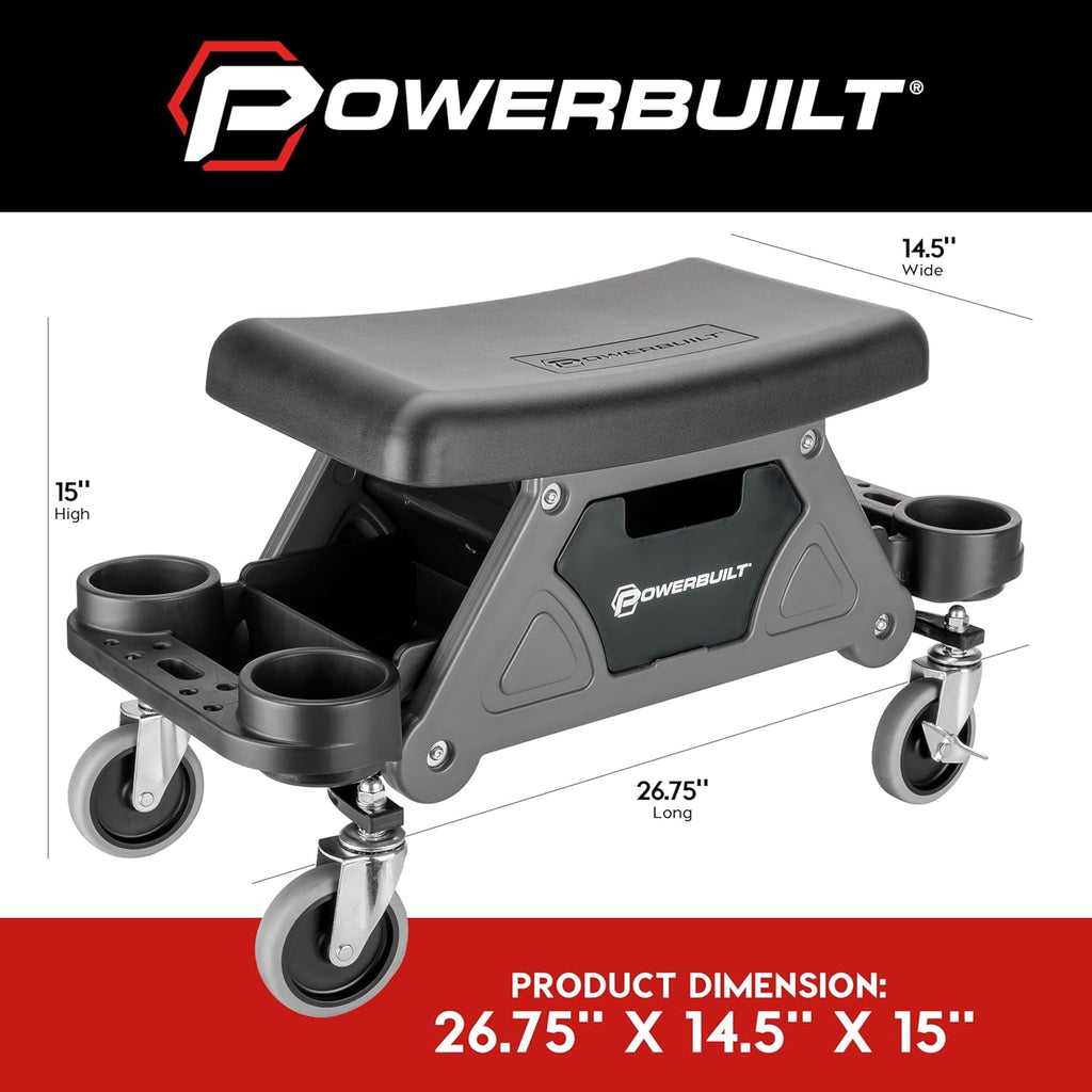 Powerbuilt Heavy-Duty Utility Rolling Seat Upgraded with Padding, Sturdy Locked in Trays, Premium Wheels for Garage Work - Grey 642924ECE