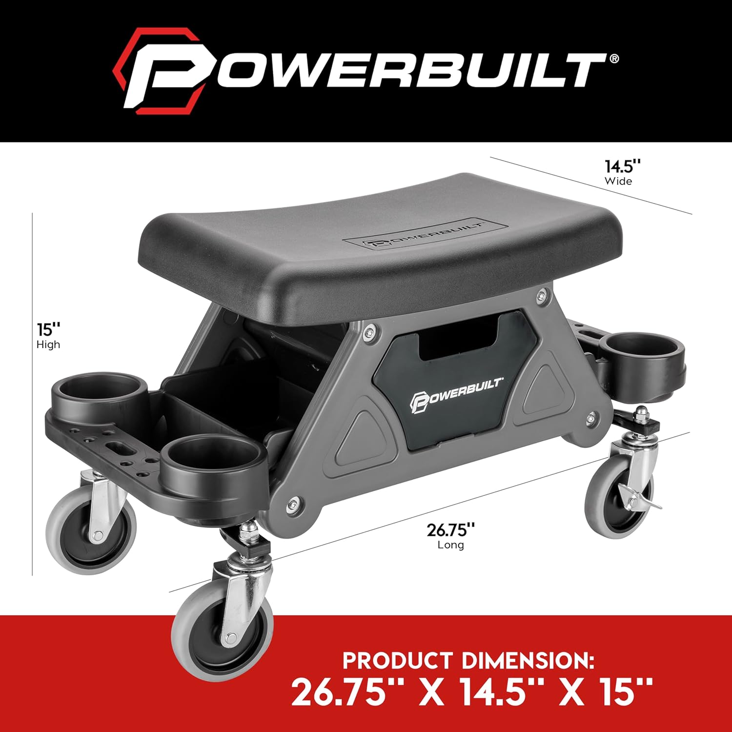Powerbuilt Heavy-Duty Utility Rolling Seat Upgraded with Padding, Sturdy Locked in Trays, Premium Wheels for Garage Work - Grey 642924ECE