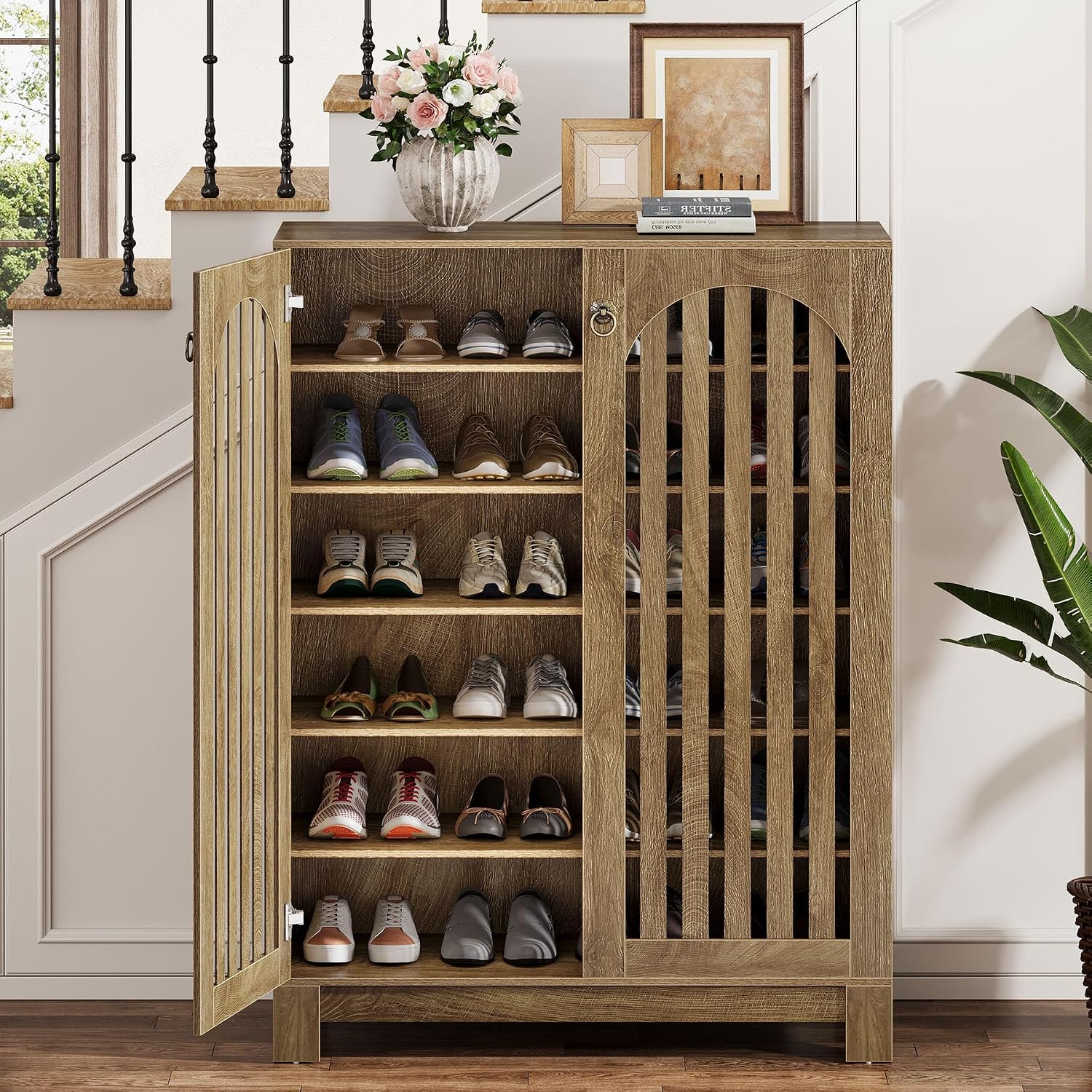 Tribesigns Shoe Cabinet with Shutter Doors, 6-Tier Shoe Storage Cabinet, Entryway Shoe Rack Organizer with Adjustable Shelves for Living Room, Hallway, Natural Wood
