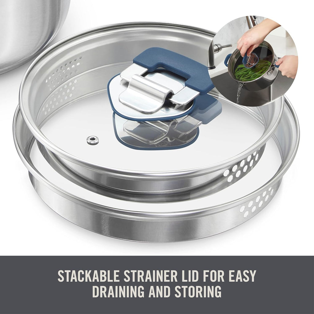 Zakarian x Dash TruPro® Stainless Steel Cookware Set - Rust-Resistant, Nonstick Cookware Set for Everyday Cooking - Straining Lid with Stackable Lids and Heat Resistant Handles - Blue, 10-Piece Set