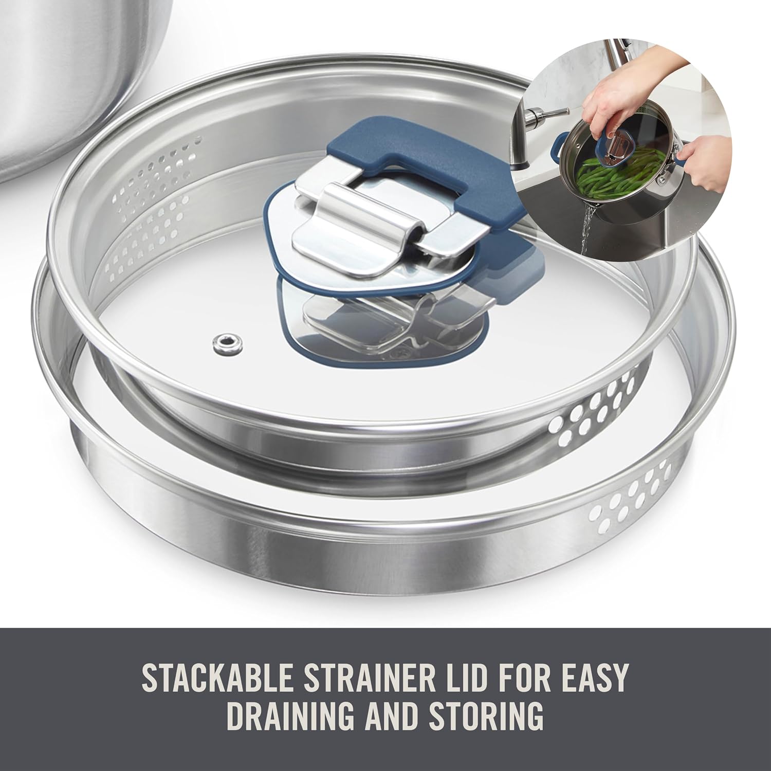 Zakarian x Dash TruPro® Stainless Steel Cookware Set - Rust-Resistant, Nonstick Cookware Set for Everyday Cooking - Straining Lid with Stackable Lids and Heat Resistant Handles - Blue, 10-Piece Set