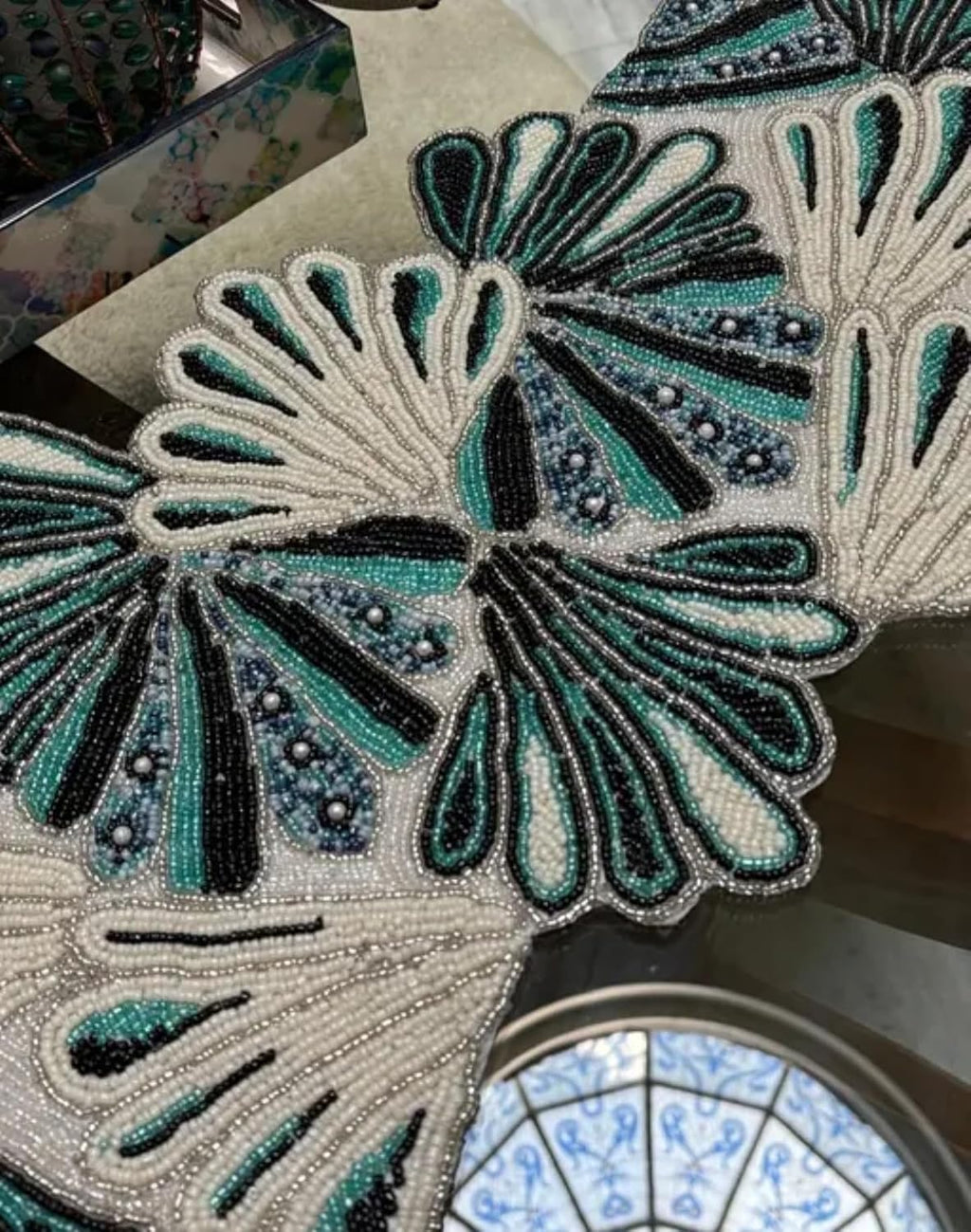 Beaded Handcrafted Table Runner, Teal Green and Cream, Decorative Home Accent, Floral Design