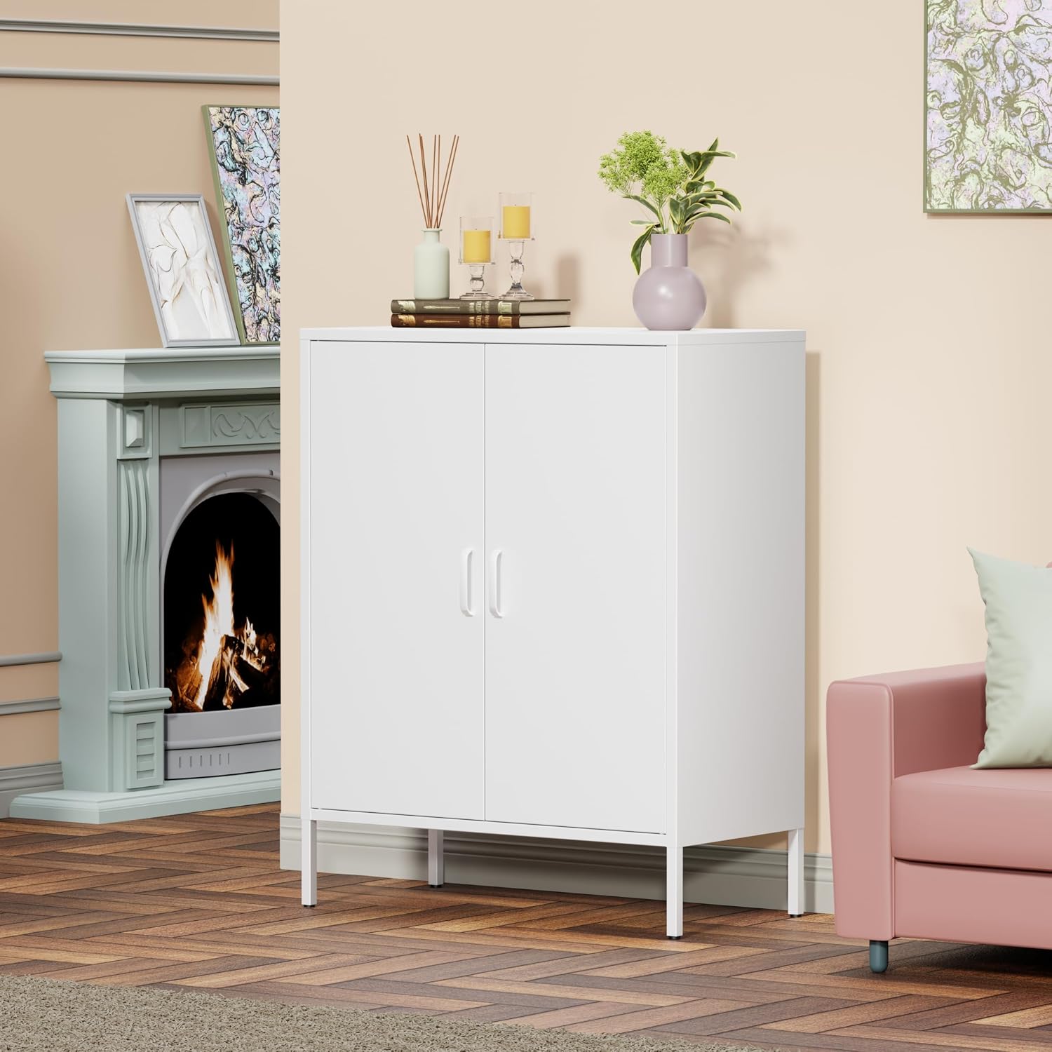 Chshin White Metal Storage Cabinet,Metal Locker Storage Cabinet with 2 Doors and Shelves,Kitchen Pantry Cabinet,Modern Storage Freestanding Organizer Rust for Home,Kitchen,Office