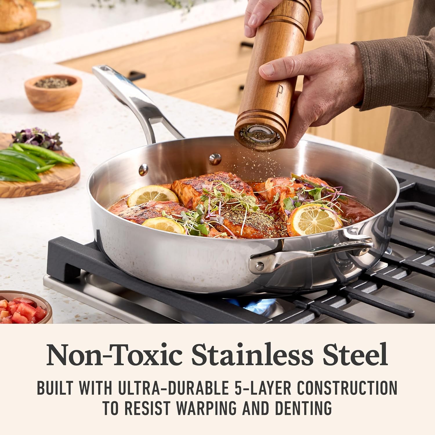 Calphalon Premier Polished 5-Ply Stainless Steel Cookware Set w/Turbo Heat Tech 6 Piece Includes Frying Pans, Pots and Pans Set, Induction, Oven Safe 500F, PFOA Free, Polished Stainless Silver