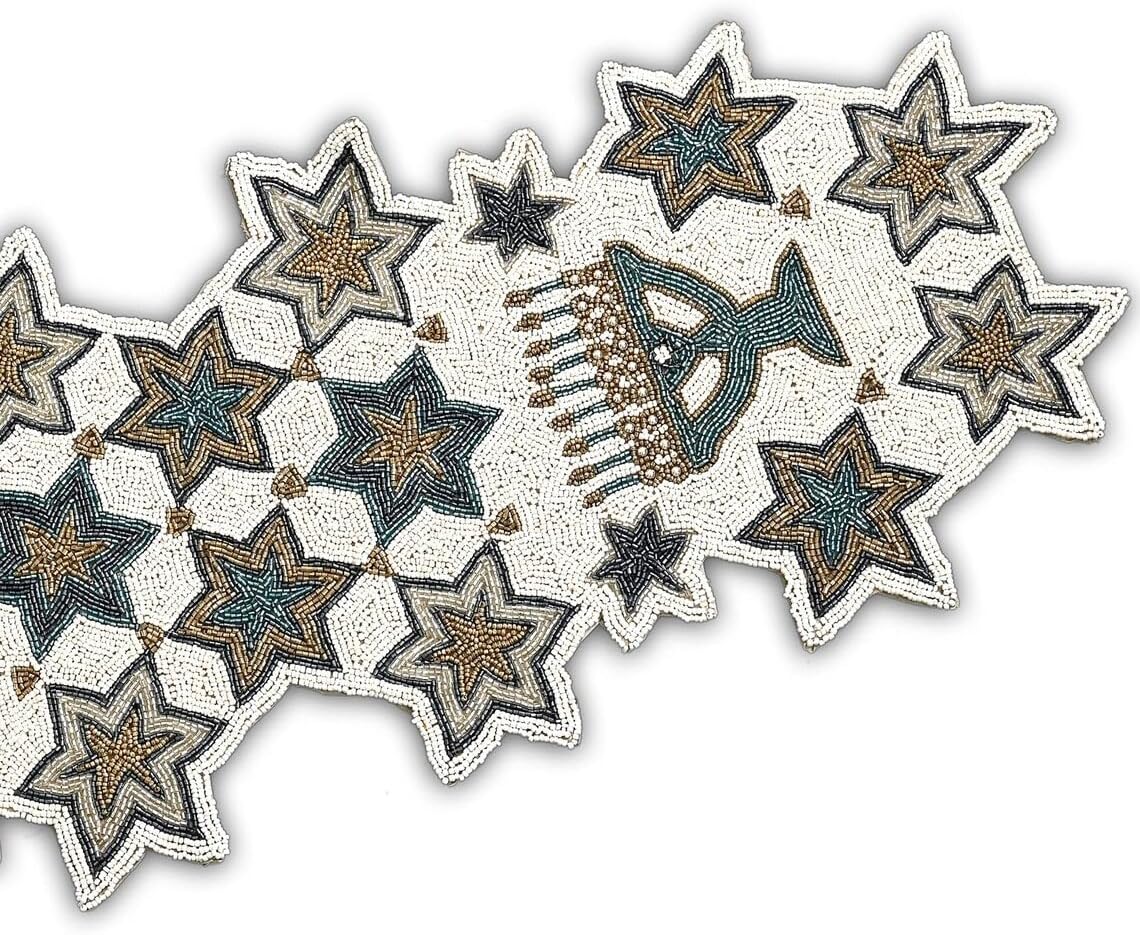 Handmade Beaded Hanukkah Table Runner, Hanukkah Candles Table Runner 13X36 Inch