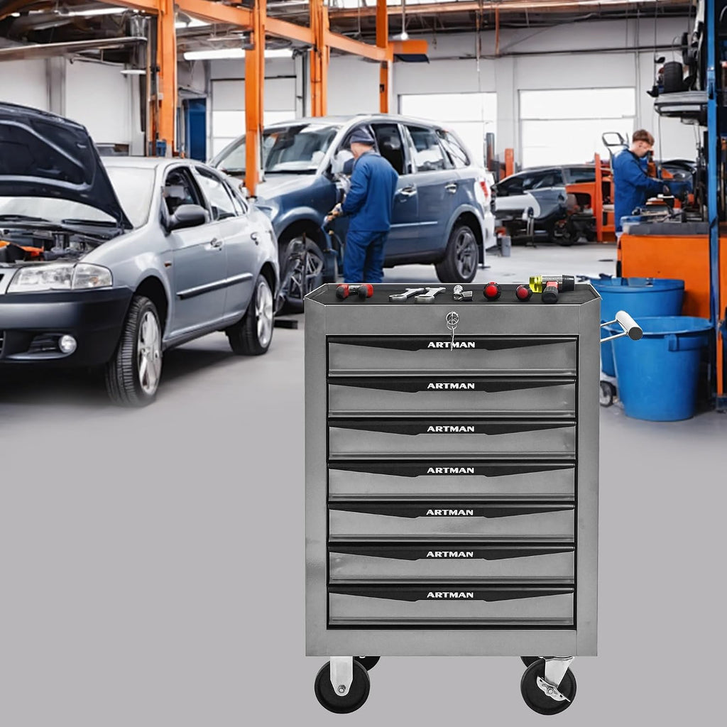 Rolling Metal Tool Chest with 7 Drawers – 20' Steel Tool Storage Box Organizer with Ball Bearing Slides & Lockable Mobile Cabinet on Wheels(Silver)