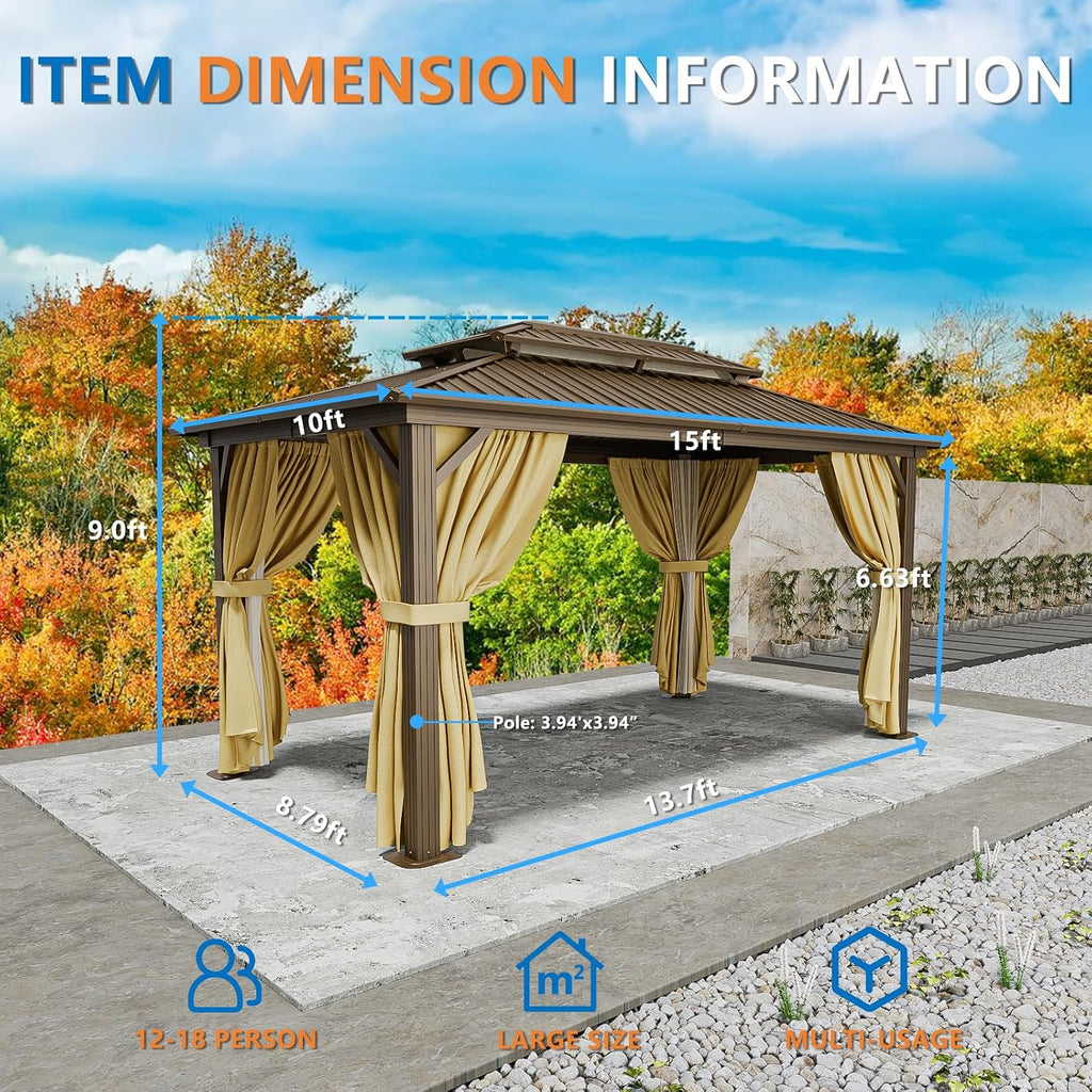 HOTEEL 10x15 Hardtop Gazebo on Clearance with Heavy Duty Galvanized Steel Double Metal roof,Aluminum Frame,Patio Gazebo with Curtains and Netting,Outdoor Permanent Gazebo Pavillon for Backyard,Bronw