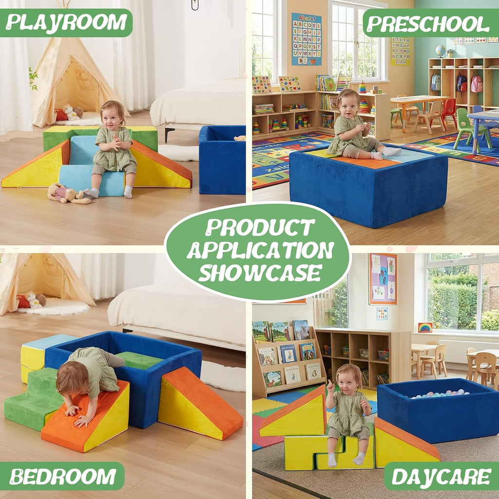 6-Piece Foam Climbing Blocks with Ball Pit for Toddlers 1-3,Soft Play Set for Indoor Climbing & Sliding,Modular Baby Gym for Gross Motor Skills,Machine Washable,Colorful(Balls Not Included)