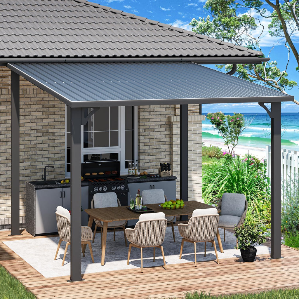 AECOJOY 10' x 10' Hardtop Gazebo Outdoor Pergola, Heavy Duty Lean to Metal Pergolas and Gazebos Clearance, Wall-Mounted Grill Gazebo Galvanized Steel Patio Roof Awnings for Patio, Decks
