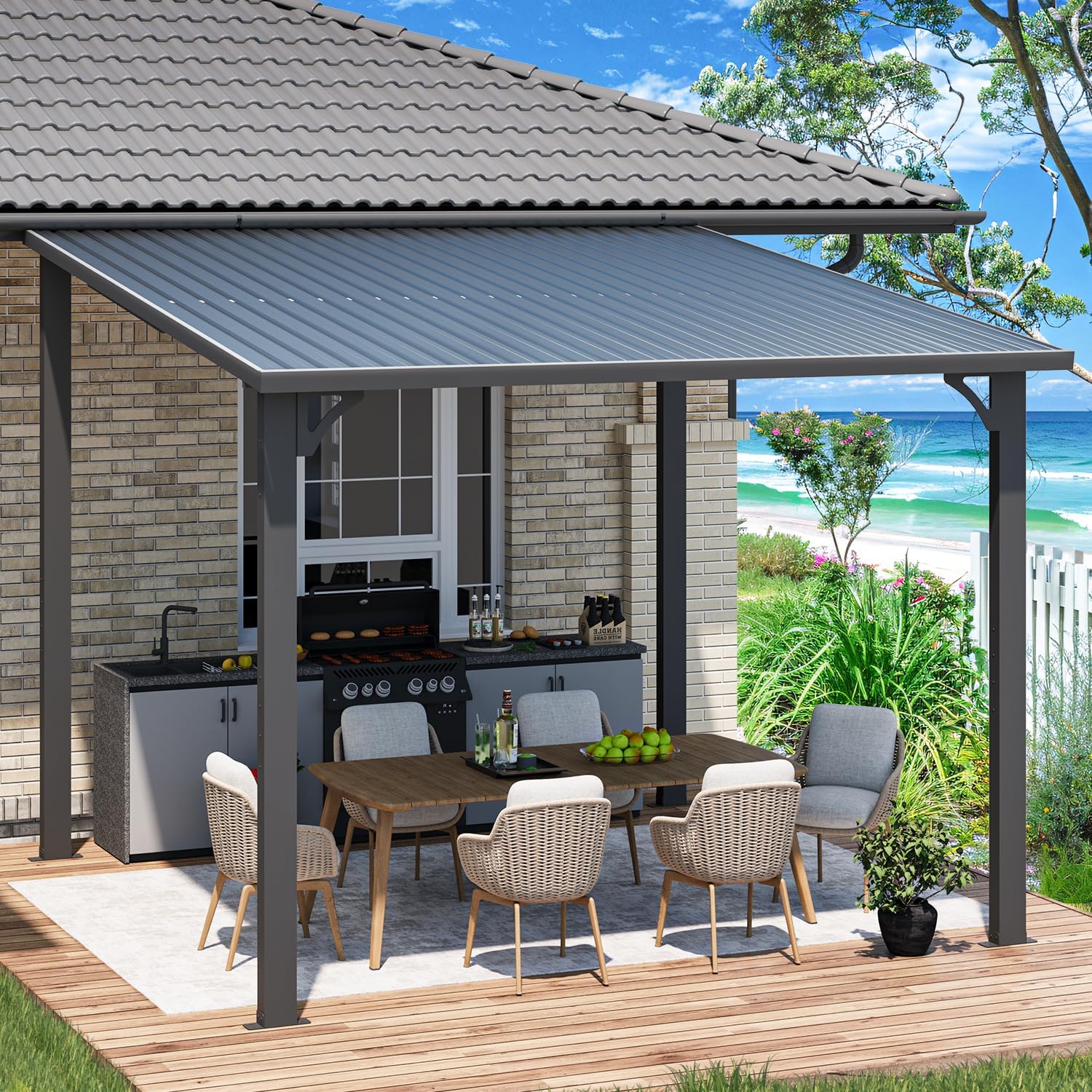 AECOJOY 10' x 10' Hardtop Gazebo Outdoor Pergola, Heavy Duty Lean to Metal Pergolas and Gazebos Clearance, Wall-Mounted Grill Gazebo Galvanized Steel Patio Roof Awnings for Patio, Decks