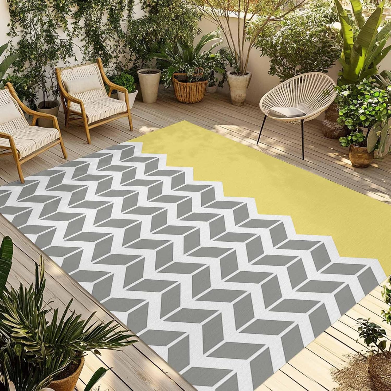 Outdoor Rug 4x6ft Abstract Geometric White Arrow Lines Chevron Patio Area Rugs Waterproof Easy Cleaning Non Shedding Thick Mats Yellow Carpet for Indoor Outdoor Porch Deck Backyard Balcony