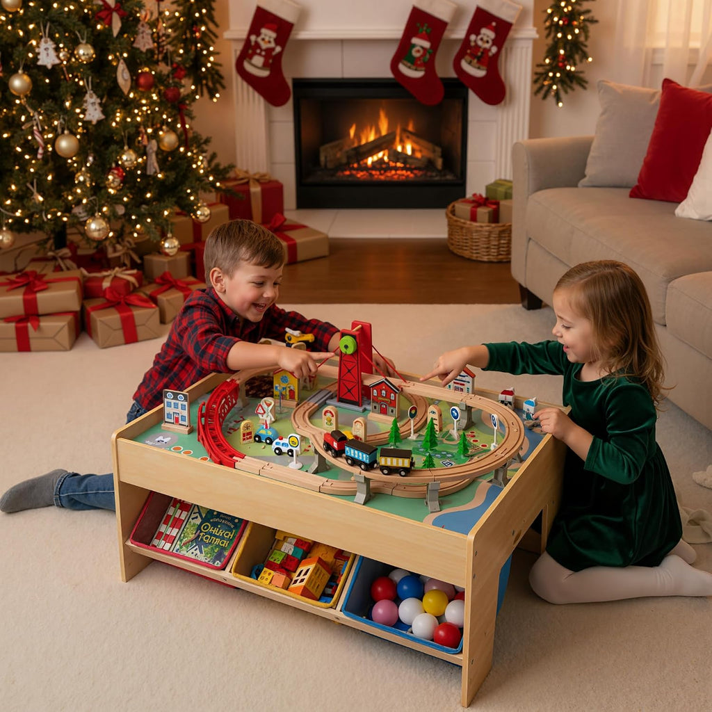 INFANS Train Table with Storage, 94 Pieces Wooden Kids Activity Toy Table Playset with 3 Foldable Boxes Reversible Detachable Tabletop, Tracks, Train, Railway, Gift for Toddler Boys Girls Ages 3+