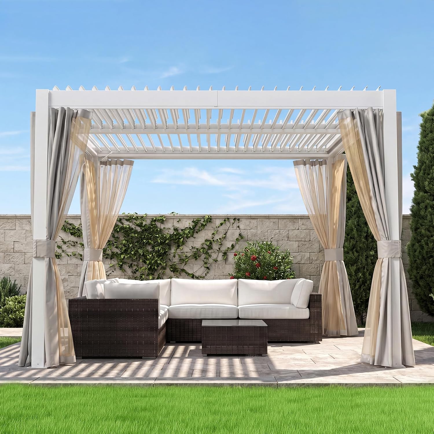 Domi 10x12FT Outdoor Louvered Pergola Full Aluminum Structure,Patio Pergola with Two Independently Adjustable Roof for Backyard, Sun Shade Gzebo with Gutter System for Garden Deck(White)