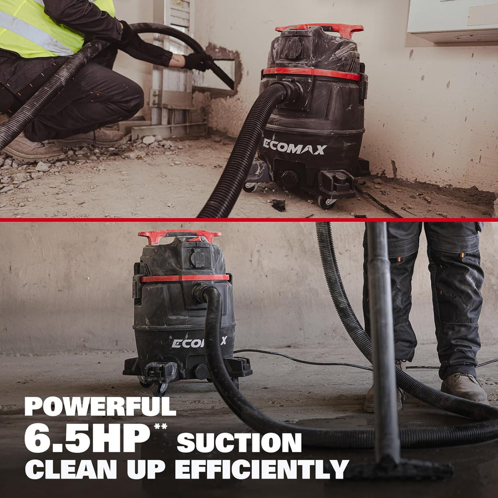 ECOMAX Dust Extractor, Shop Vac, Semi-Auto Filter Clean, 8 Gal 6.5 HP HEPA Wet Dry Vacuum, Anti-Static Hose, Power Tool Take-Off, Dust-Full Indicator, for Woodworking, Workshop and Garage
