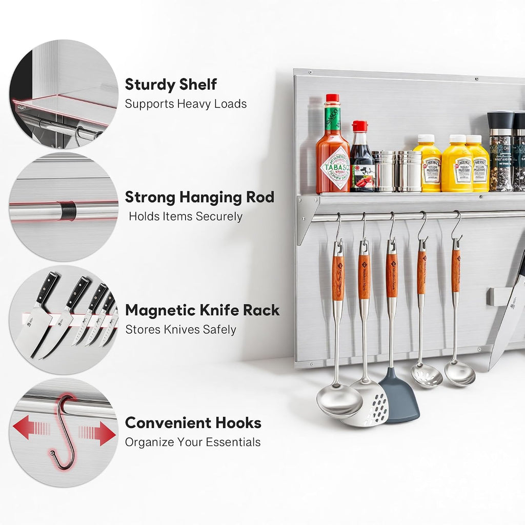 Wilprep Stainless Steel Stove Backsplash, 36'x24' Range Hood Backsplash with Storage Shelf Magnetic Knife Rack, Range Backsplash with Predrilled Holes, Stainless Steel Backsplash for Stove Range Hood