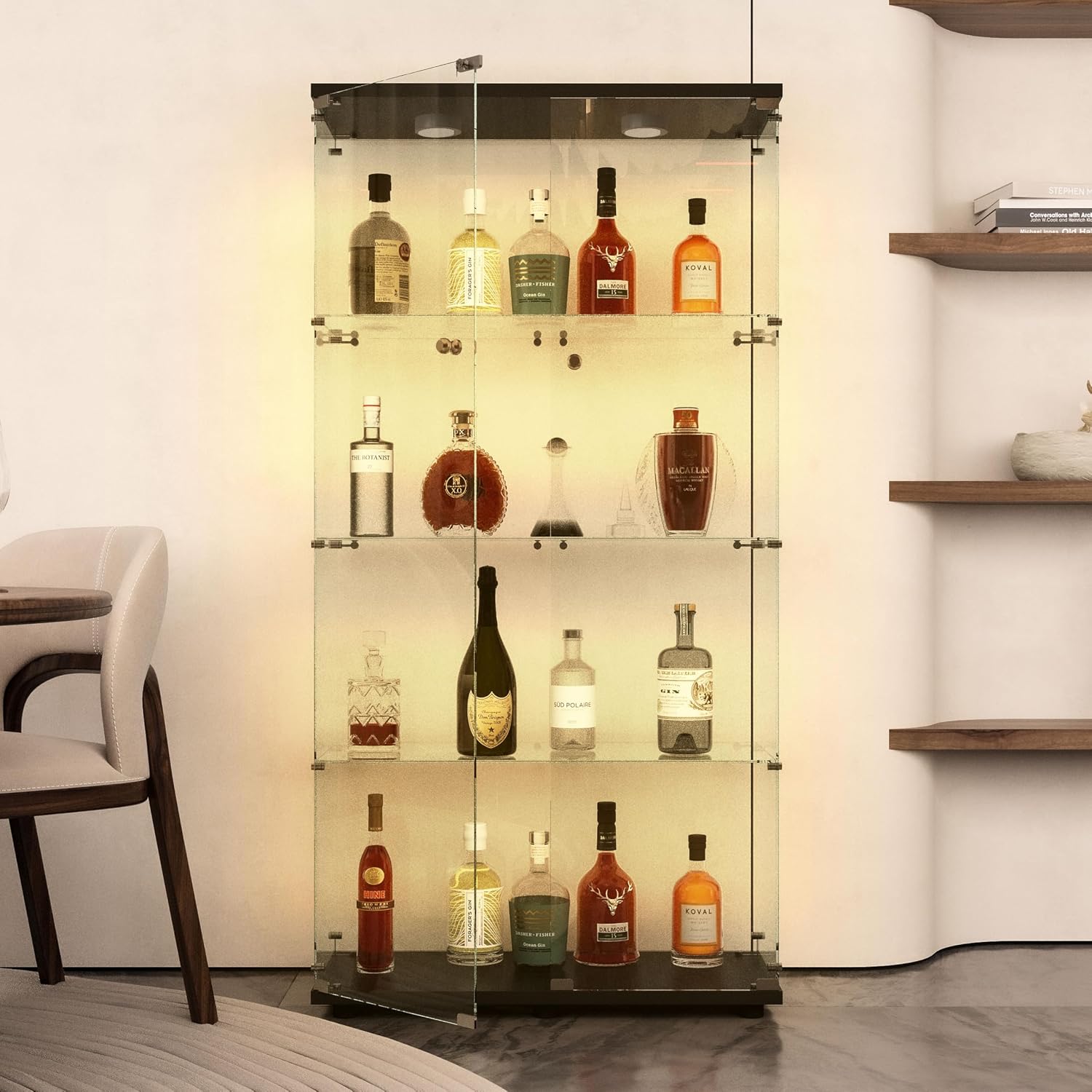 64.69' Tall Tempered Glass Display Cabinet with LED Lights, Curio Cabinet with 4 Shelves with 2 Door, Quick-Install Style Floor Standing Bookshelf File Cabinet for Living Room Office