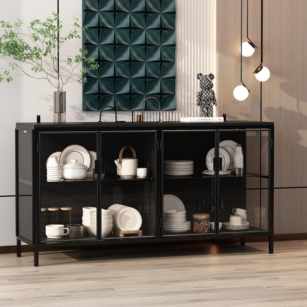 Sideboard Display Cabinet with Lights & 4 Glass Doors, Buffet Sideboard with Glass Shelf, Buffet Storage Cabinet for Living Room Kitchen, Black, 15.7'D x 55.1'W x 29.5'H