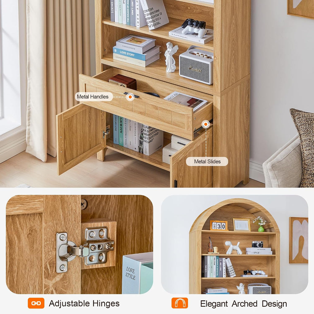 Turtle&Myrtle 73' H Large Arched Bookshelf，5-Tier Arch Bookcase with Doors，Mid Century Modern Book Shelf with Drawers，Wood Bookshelf w/Open Display Shelves for Living Room, Office (Natural)