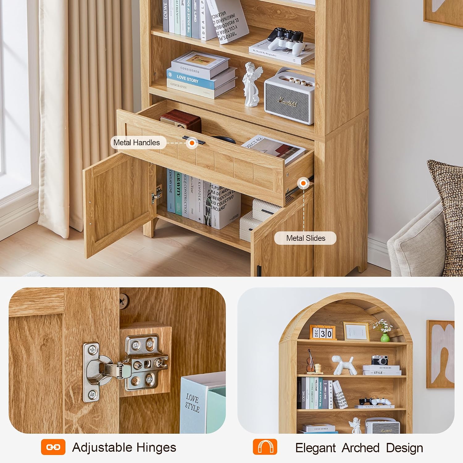 Turtle&Myrtle 73' H Large Arched Bookshelf，5-Tier Arch Bookcase with Doors，Mid Century Modern Book Shelf with Drawers，Wood Bookshelf w/Open Display Shelves for Living Room, Office (Natural)