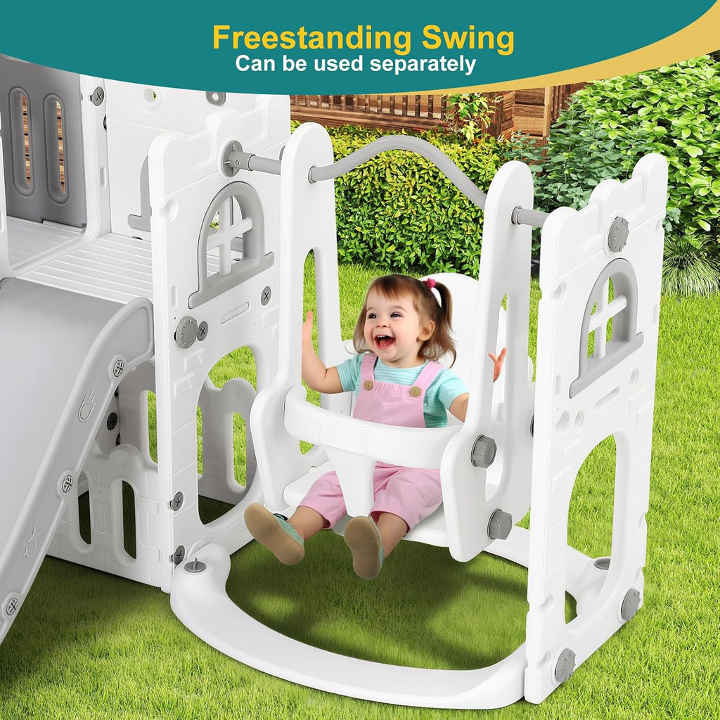 JOYLDIAS 10 in 1 Toddler Slide, Freestanding Kid Climber Slide Playset, Toddler Playhouse with Slide and Swing, Basketball Hoop, Telescope, Indoor Outdoor Backyard Playground Toy for Toddlers Age 1-3+