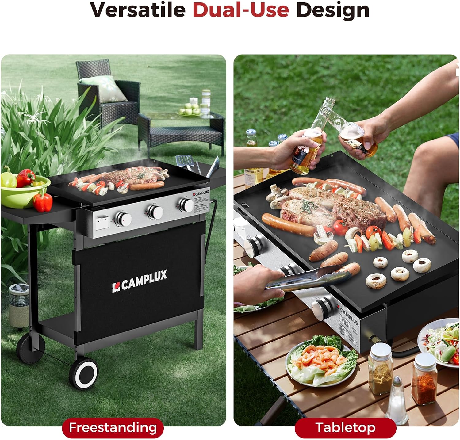 CAMPLUX Propane Griddle Flat Top, 3-Burner Gas Griddle with 3mm Thick Non-Deformable Plate & Ceramic Non-Stick Coating, 33,000 BTU Outdoor Cooking Station with Wheels and Side Shelves for Camping