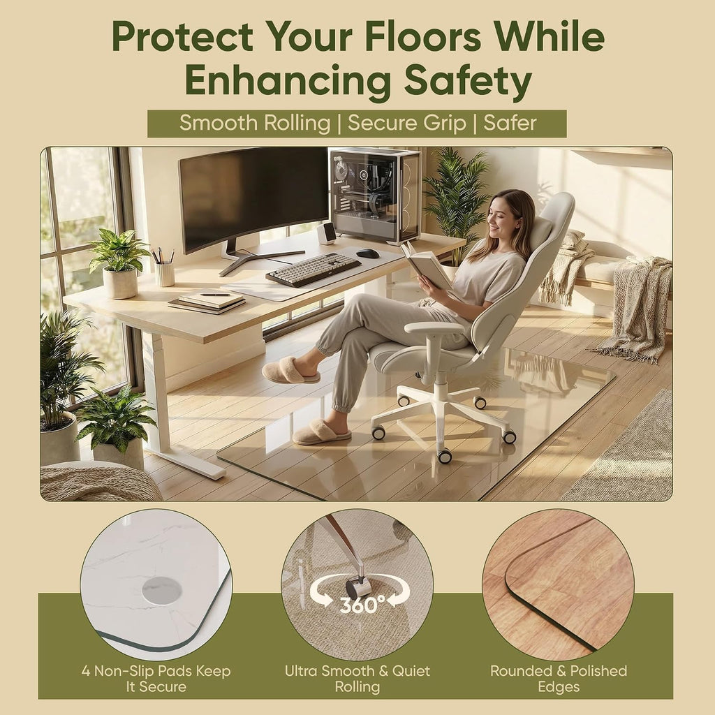 Tempered Glass Chair Mat for Hardwood Floor, 40' x 60' Heavy Duty Glass Office Chair Mat, for Low Pile Carpet, 0.2' Thick with 4 Non-Slip Pads, Smooth Rolling for Home & Office
