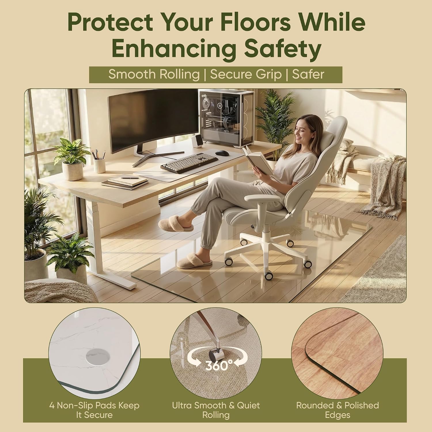 Tempered Glass Chair Mat for Hardwood Floor, 40' x 60' Heavy Duty Glass Office Chair Mat, for Low Pile Carpet, 0.2' Thick with 4 Non-Slip Pads, Smooth Rolling for Home & Office
