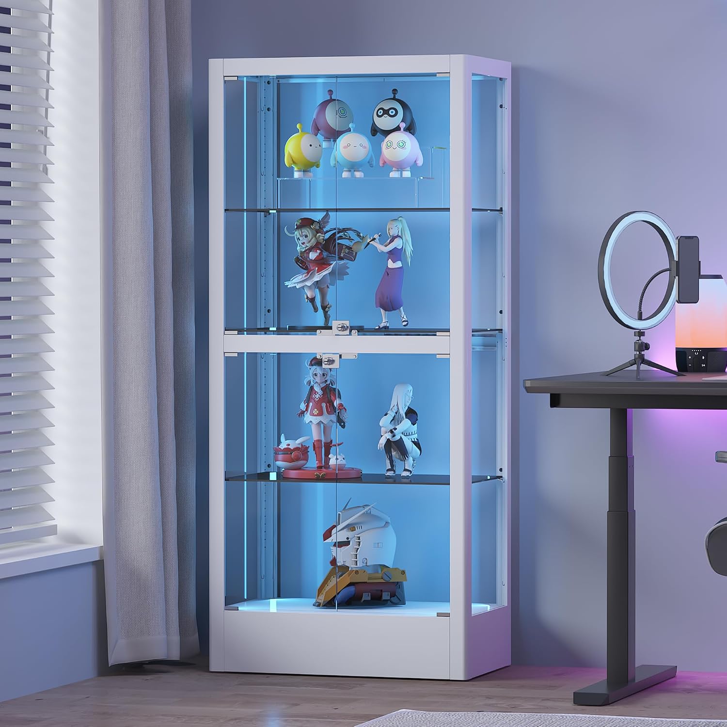 4-Sided Glass Display Cabinet with Lock & 13 Color Light, Lighted Curio Cabinet with Glass Door & Adjustable Shelves, Metal Display Case for Collectibles Figures Wine China, 28' W White