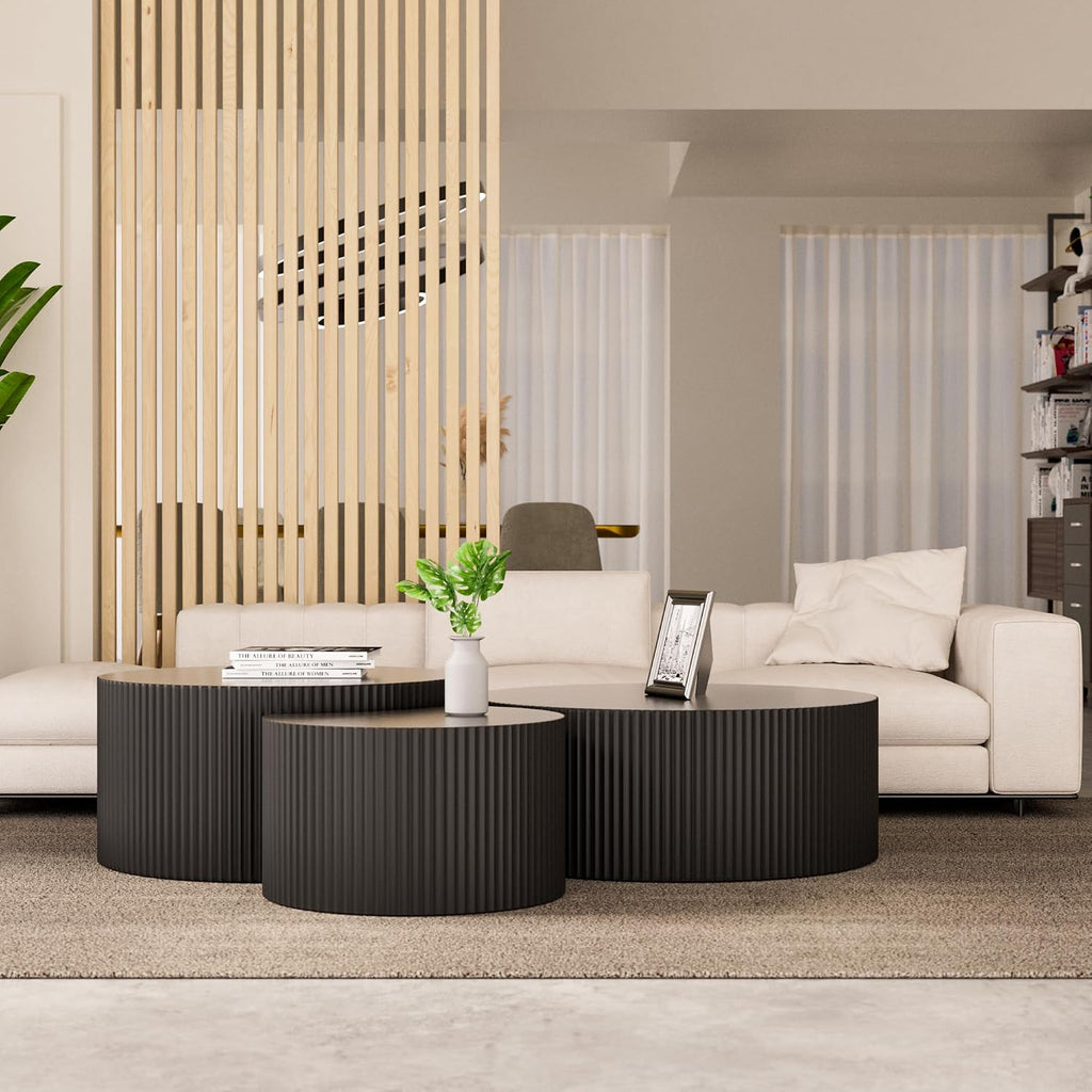 Black Round Coffee Table Set of 3 Modern Drum Circle Nesting Coffee Tables for Living Room, Contemporary Wood Fluted Embossed Round+Small Crescent Coffee Table, No Assembly, Black (3-Pcs)