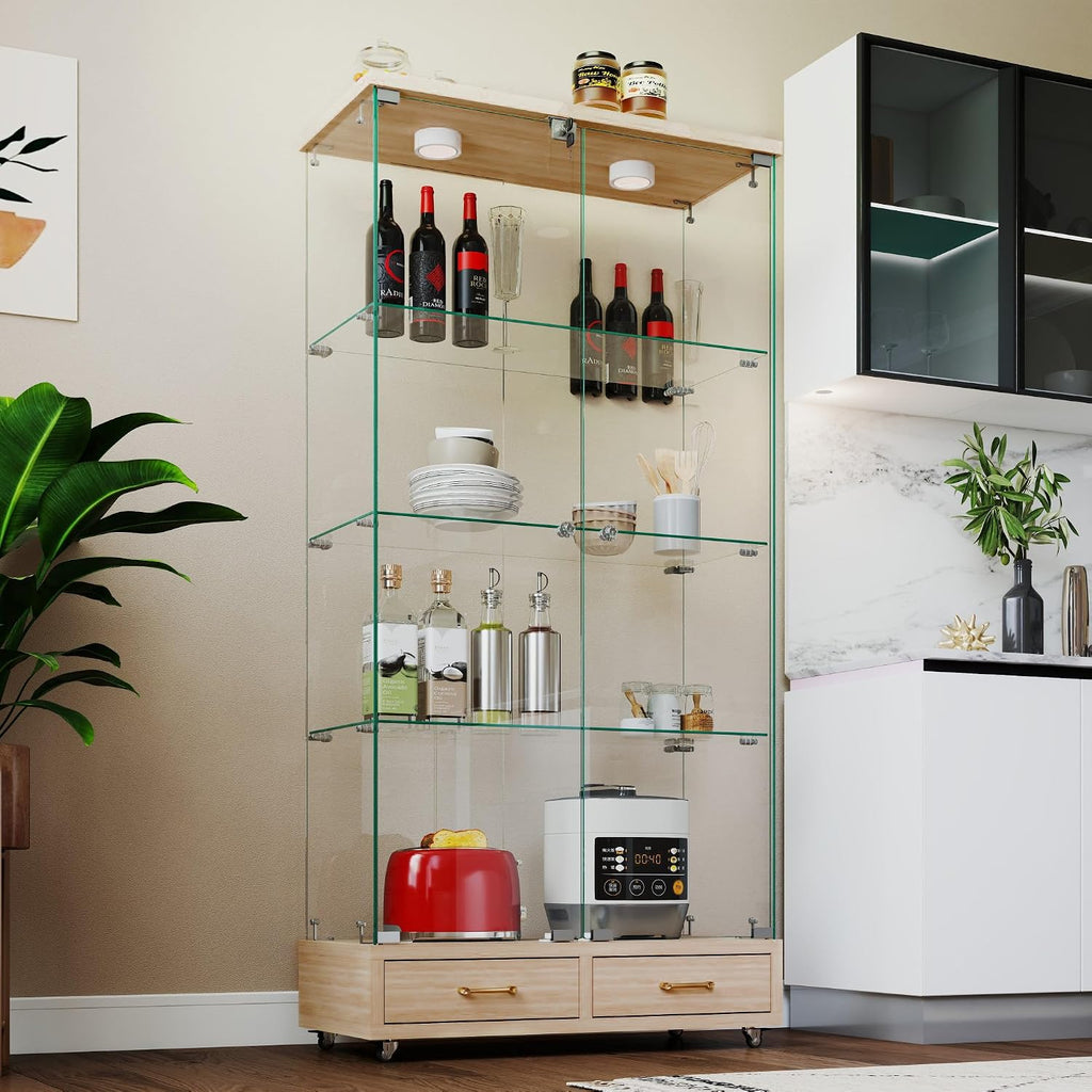 Modern Glass Display Cabinet with LED Light 4-Shelf Curio Cabinets with Storage Drawer and Wheels,Tempered Glass Display Shelf Bookcase for Living Room Home Office