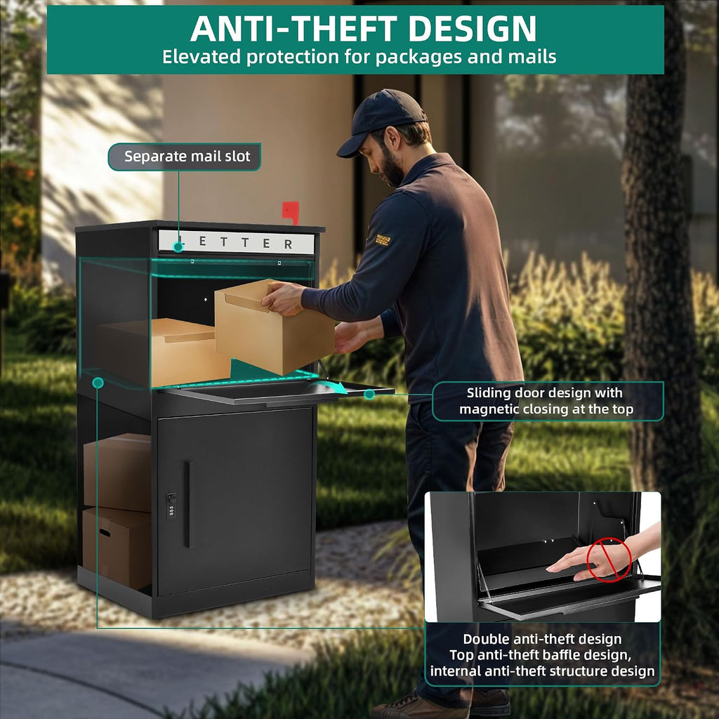 YITAHOME Package Delivery Boxes for Outside, 18.9x15x35.4 inch Large Parcel Drop Box with Coded Lock, Anti-Theft Lockable Waterproof Parcel Storage Box for House, Porch, Curbside, Black