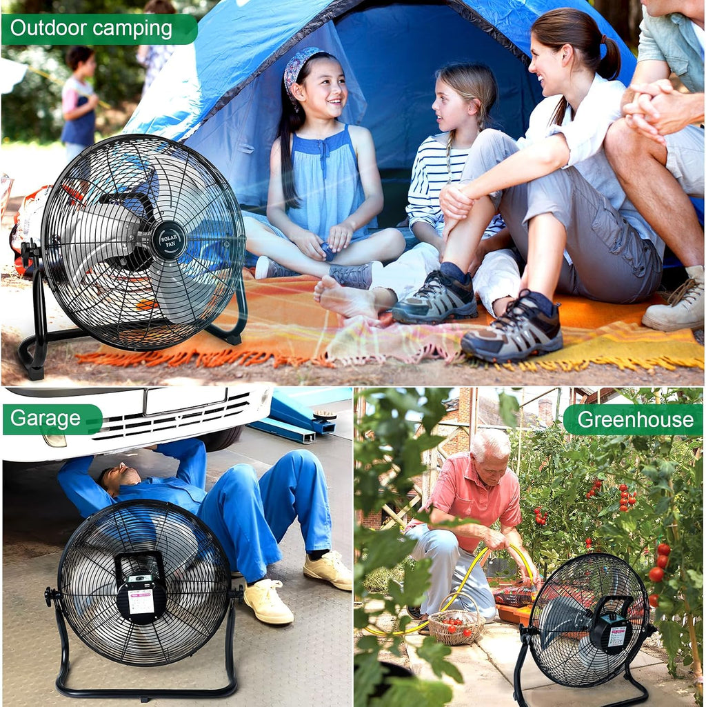DBF 16' Solar Powered Fan Outdoor - Rechargeable 20000mAh Battery Cordless Floor Fan with 30W Solar Panel & AC Charging, High Velocity Metal Industrial Fans Portable for Outside Home Camping Patio