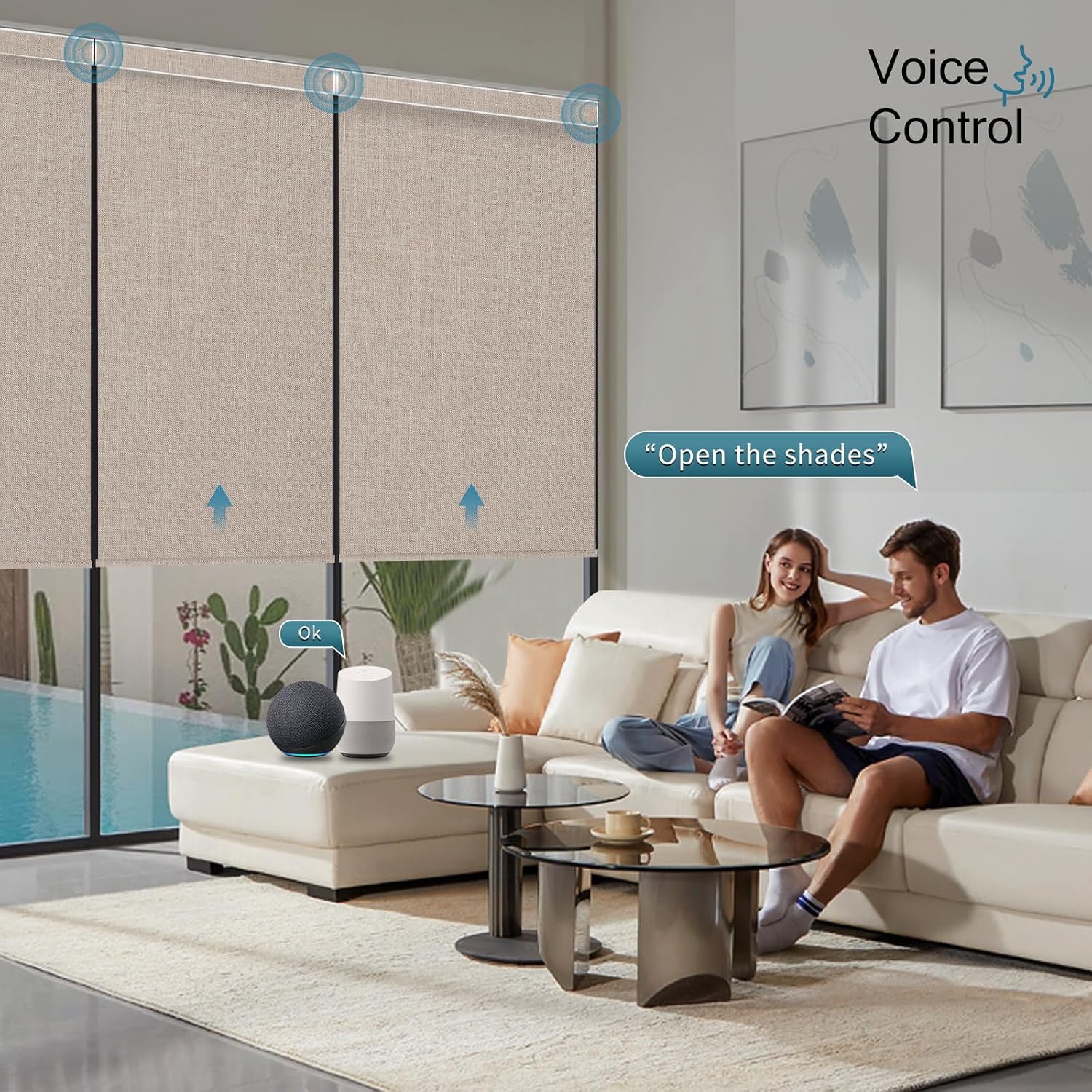 Motorized Roller Shade, 100% Blackout Smart Window Blinds Work with Homekit, Alexa, Google Home, Remote Control, Electric Blinds with USB/Solar Pannel Charging,Bouvardia Light Brown