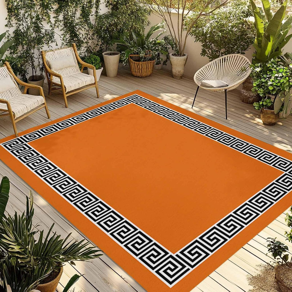 Outdoor Rug 4x6ft Black Simple Geometric Lines Border Patio Area Rugs Waterproof Easy Cleaning Non Shedding Thick Mats Orange Carpet for Indoor Outdoor Porch Deck Backyard Balcony